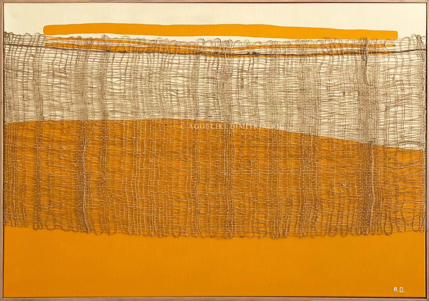 Thira Series 3, No. 1 by Aggeliki Dimitriadou. Acrylics and hemp/silk weaving on canvas, 70x100cm. Commissioned for Nobu Hotel Santorini. Featuring a central vertical gap in the weaving.