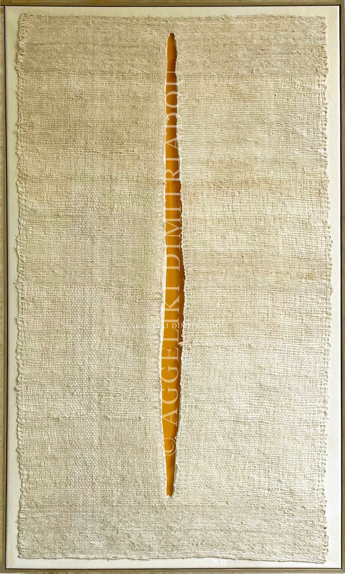 Gap V by Aggeliki Dimitriadou. Hand-woven hemp fiber layered over yellow acrylic on canvas. The vertical opening in the weaving reveals a bold field of color, exploring the tension between textile and depth.