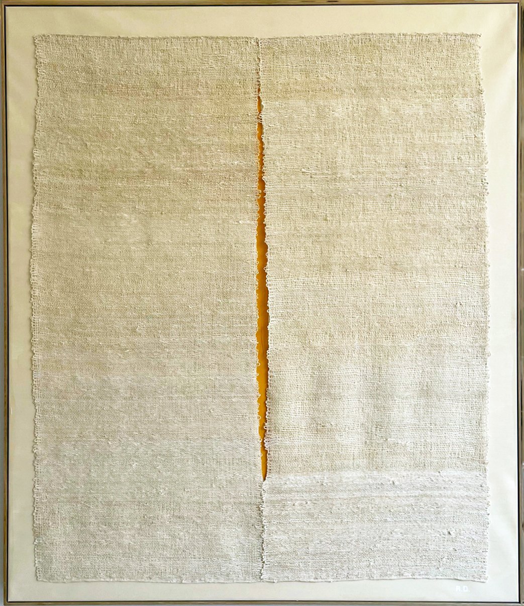 Gap VII by Aggeliki Dimitriadou. Hand-woven hemp fiber on canvas with a yellow acrylic background. A minimalist dialogue between the structural hemp yarn and the vibrant color beneath.