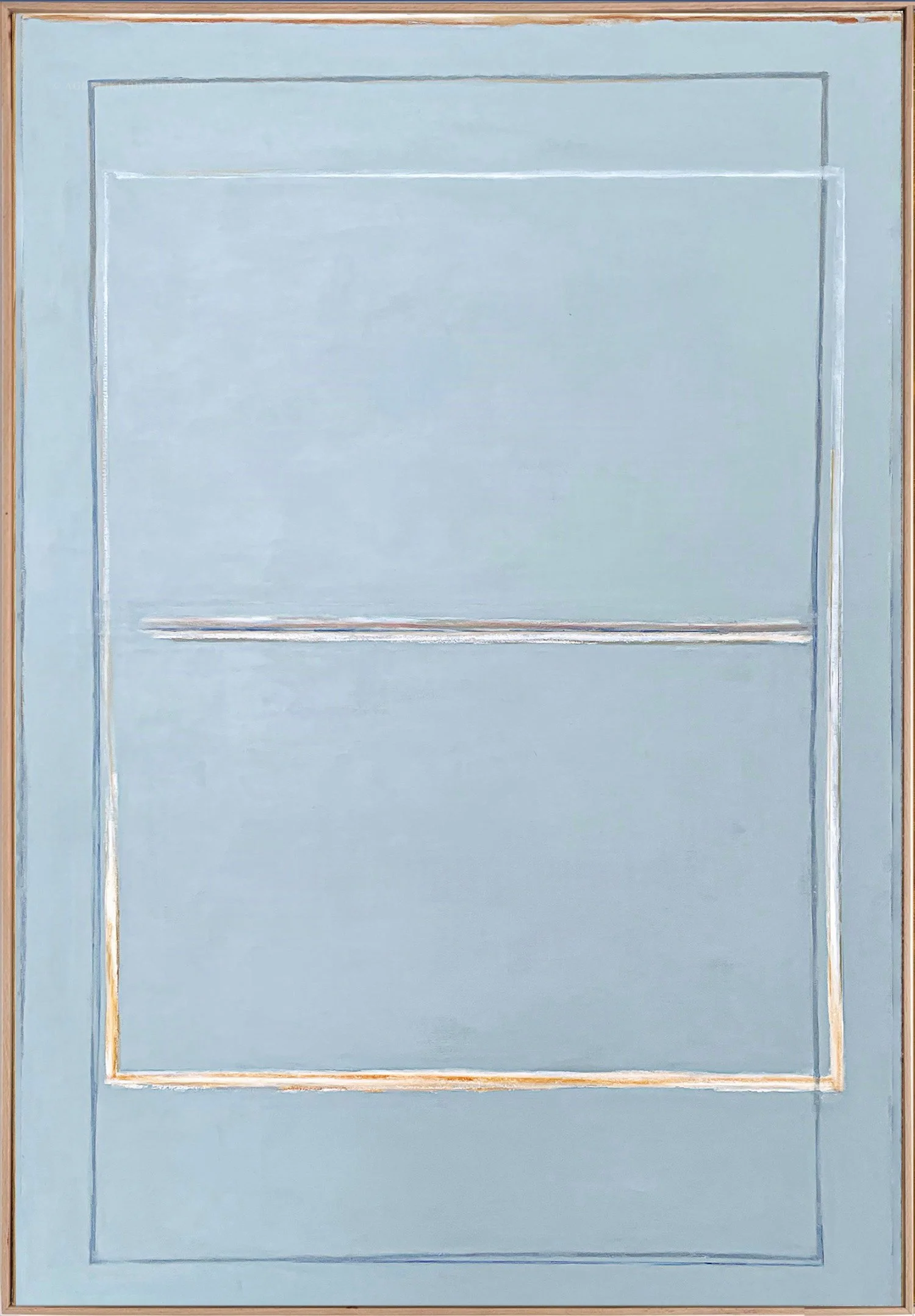 Minimalist abstract painting from the 'Traces' series by Aggeliki Dimitriadou. Mixed media with acrylics and oil pastels on canvas, featuring a textured composition with linear elements and muted tones.