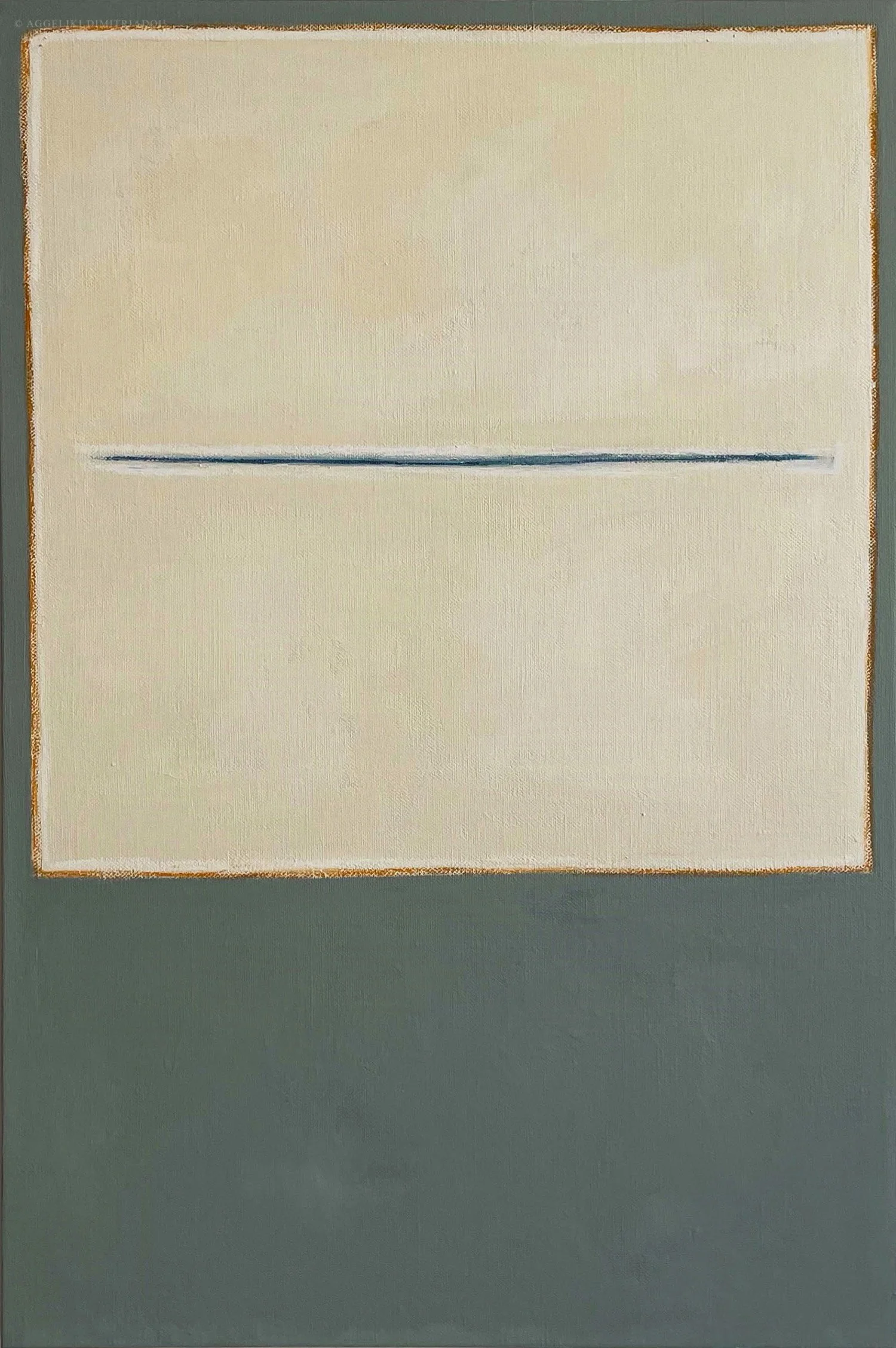 Minimalist abstract painting from the 'Traces' series by Aggeliki Dimitriadou. Mixed media with acrylics and oil pastels on canvas, featuring a textured composition with linear elements and muted tones.