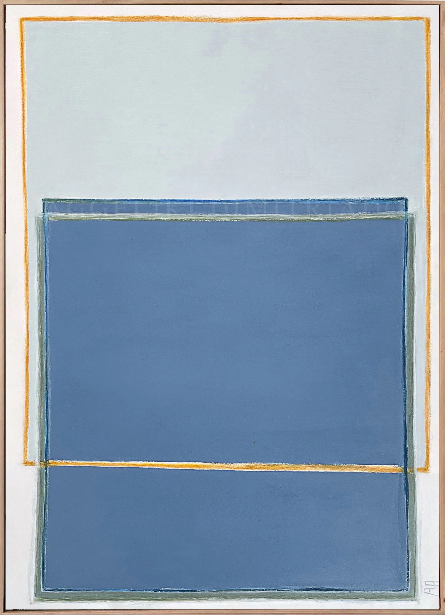 Fine art abstract composition Traces VII by Aggeliki Dimitriadou, featuring a sophisticated interplay of muted acrylic color fields and bold, grounding geometric oil pastel tracks.