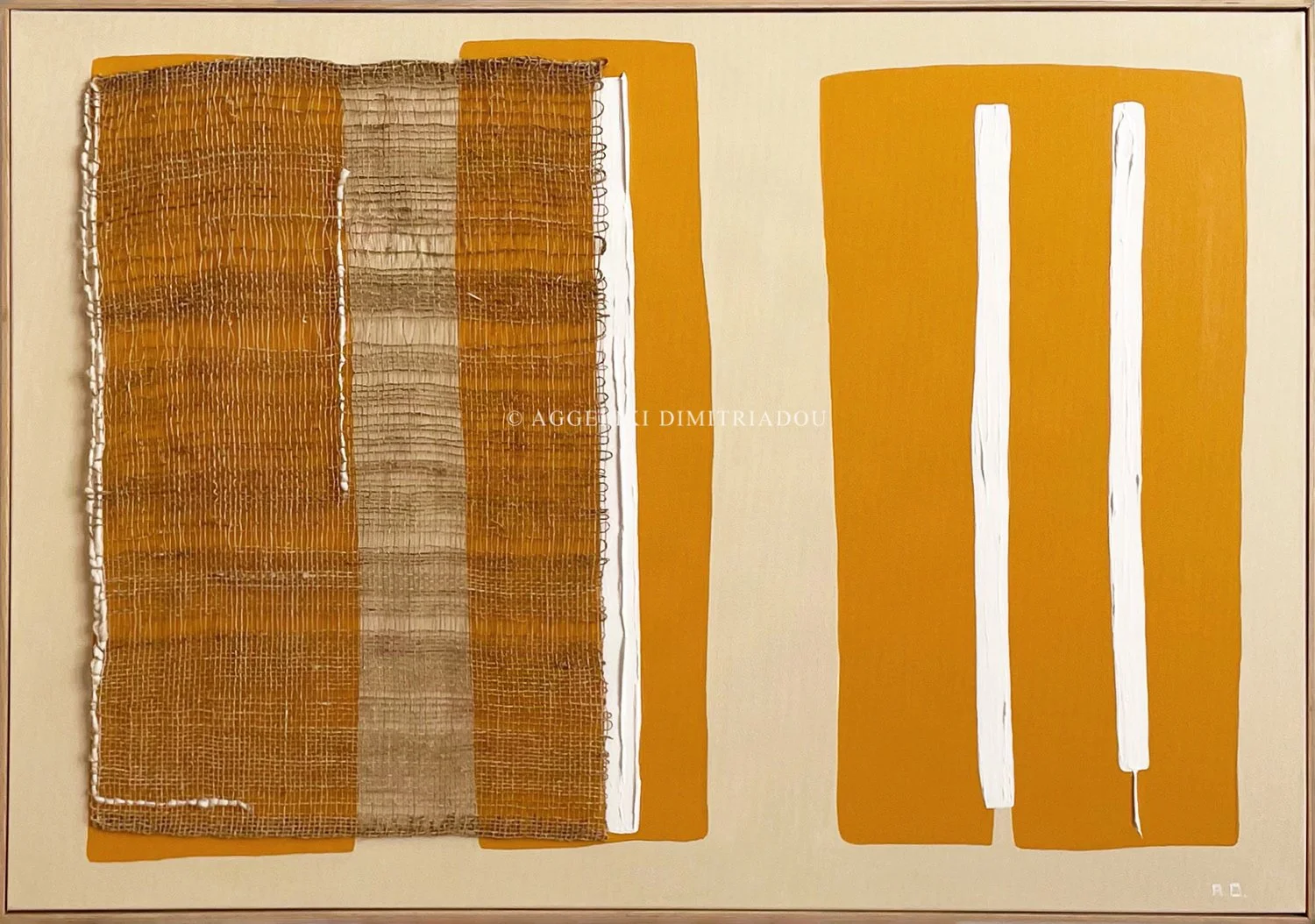 Thira 2022, Abstract IV by Aggeliki Dimitriadou. Minimalist composition for Nobu Santorini featuring vertical white lines and yellow ochre fields juxtaposed with structured fiber art.
