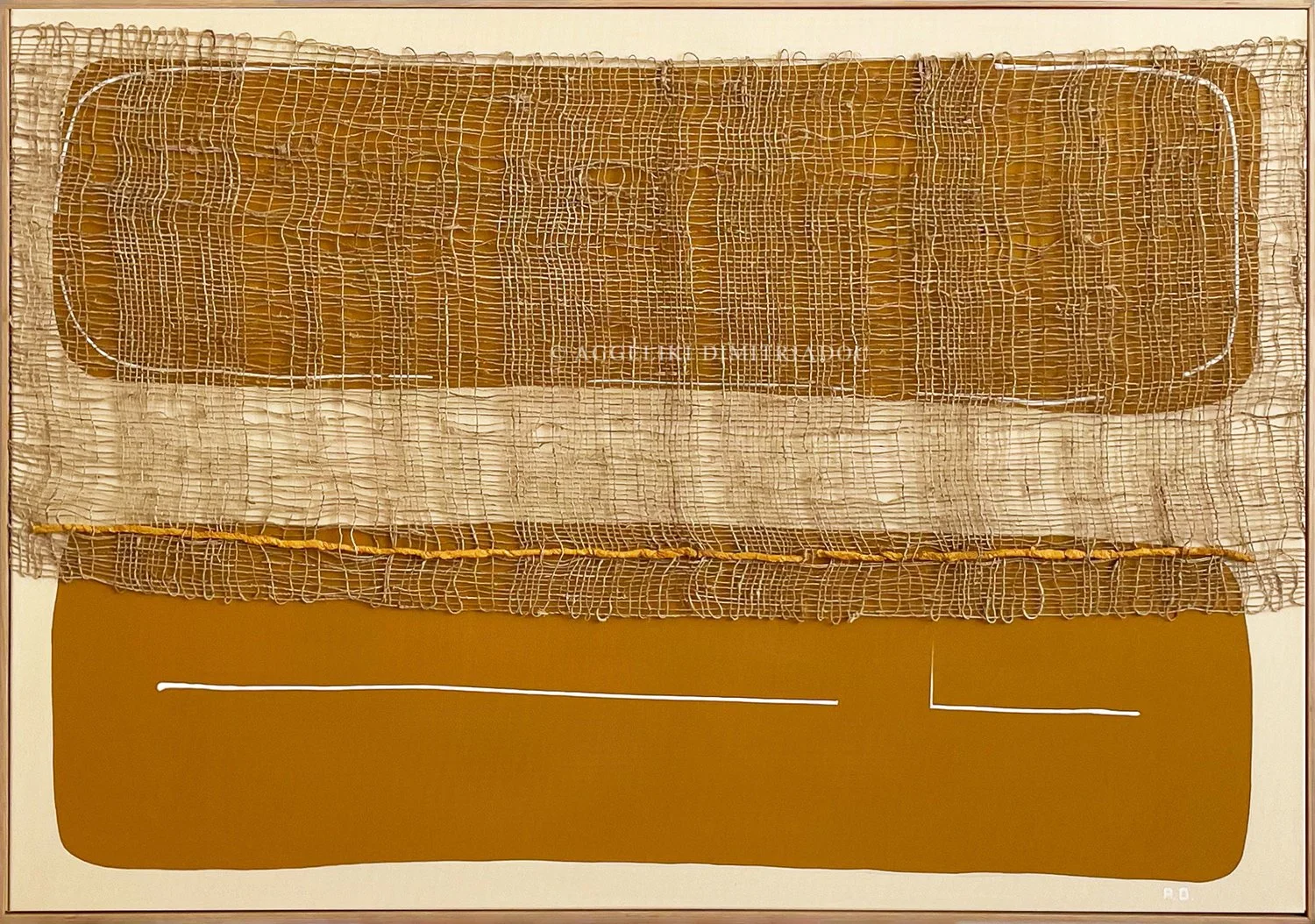 Thira Series 2, No. 2 by Aggeliki Dimitriadou. Hand-woven hemp and silk on canvas. A minimalist composition with a vertical slit exposing an ochre acrylic layer.