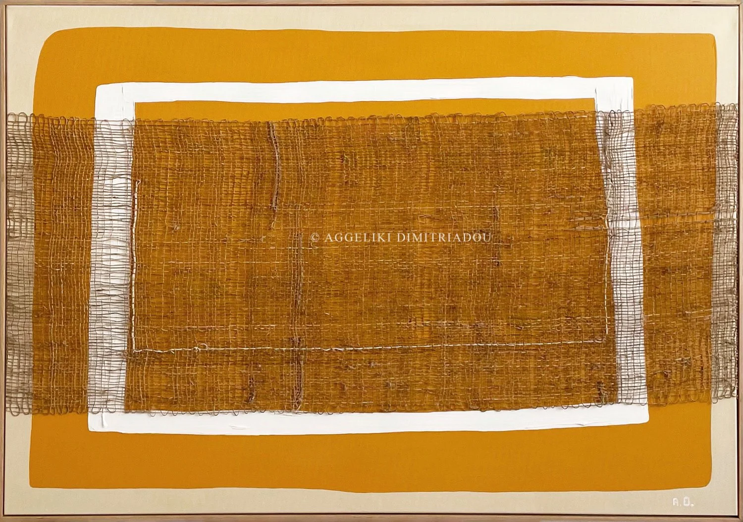 Thira 2022, Abstract I by Aggeliki Dimitriadou. Acrylics and hemp/silk weaving on canvas, 70x100cm. Commissioned for Nobu Santorini. Features woven textile over yellow ochre and white geometric shapes.