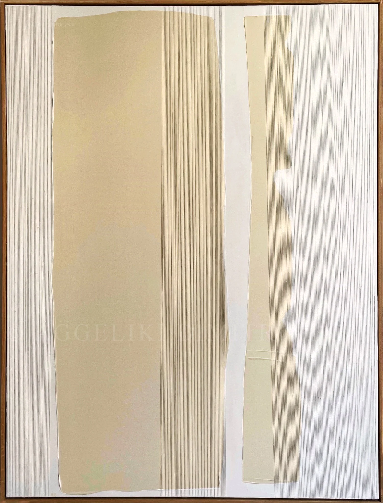 Abstract mixed media painting "Innocence IV" by Aggeliki Dimitriadou, featuring asymmetric blocks of beige and white acrylic paint with vertical hand-placed threads creating a textured, linear contrast on canvas.