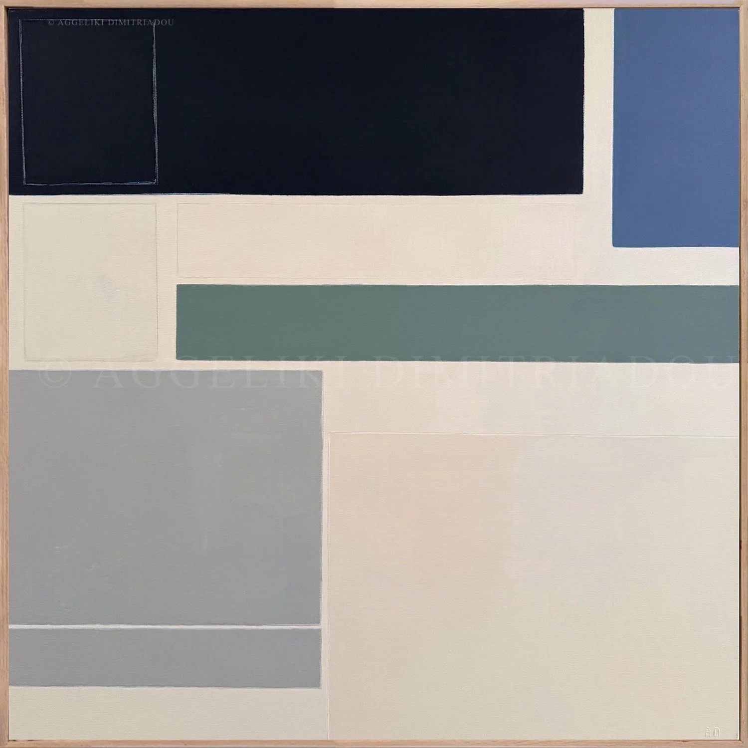 Abstract geometric painting titled Fragments VII by Aggeliki Dimitriadou, featuring a bold composition of rectangular forms on a beige background. The palette consists of green and blue tones including deep blue, gray.