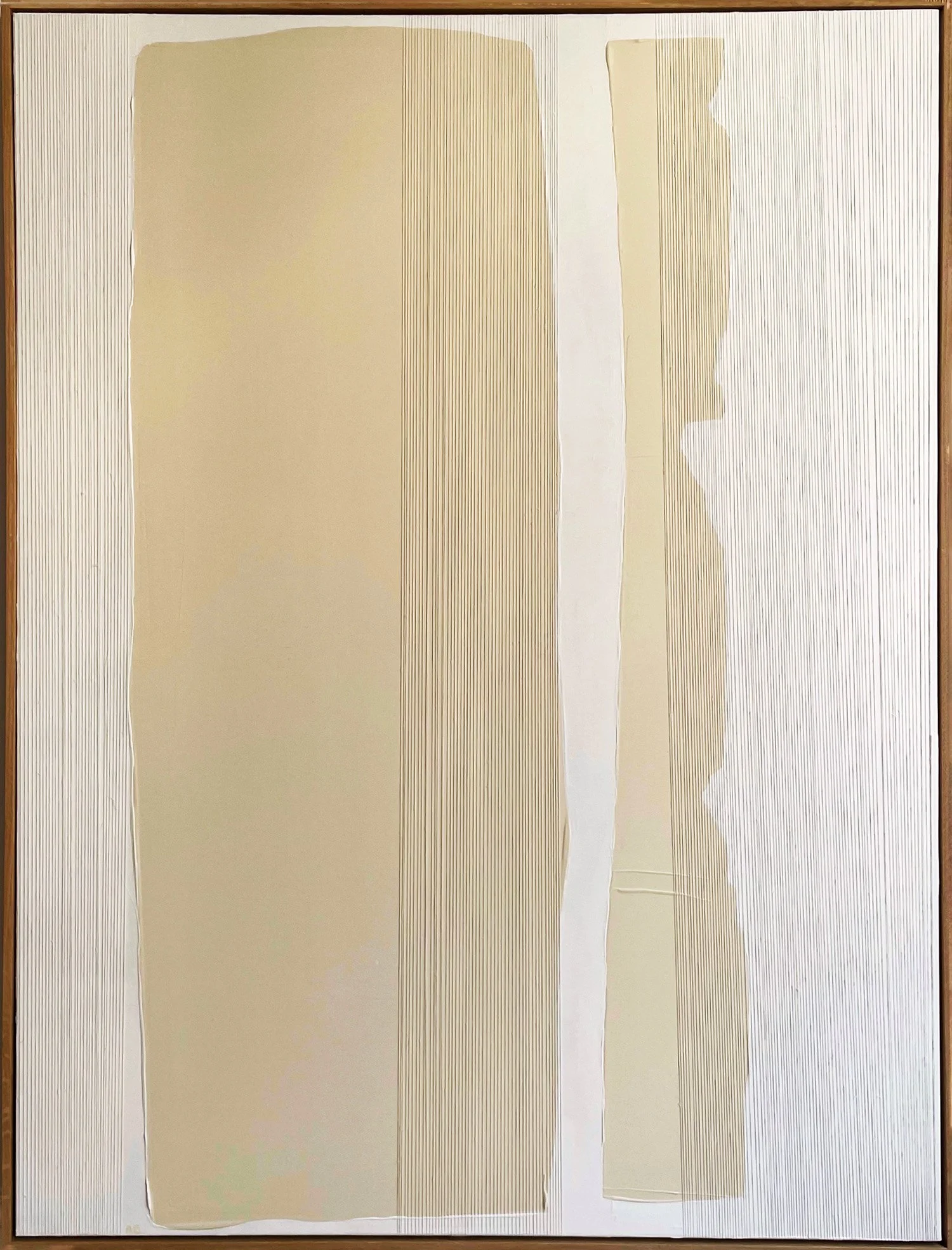 Abstract mixed media painting "Innocence IV" by Aggeliki Dimitriadou, featuring asymmetric blocks of beige and white acrylic paint with vertical hand-placed threads creating a textured, linear contrast on canvas.