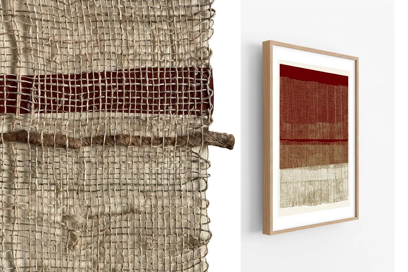 Side-by-side comparison of an original handmade woven textile and its limited edition signed art print 'Terra' by Aggeliki Dimitriadou, framed on a white wall.