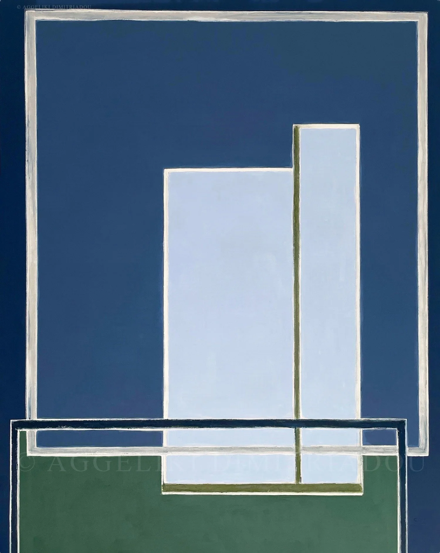 Geometric abstract painting titled 'Afternoon Scene' by Aggeliki Dimitriadou, using blocks of warm terracotta, ochre, and soft green to suggest a sunny architectural landscape.