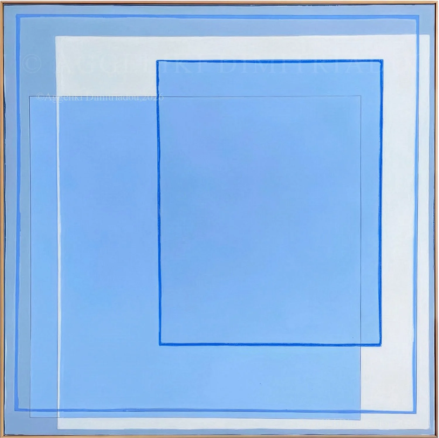 Expressive contemporary artwork Traces X by Aggeliki Dimitriadou, featuring dense oil pastel tracks and scratched boundaries cutting through architectural, bold blue acrylic color blocks.