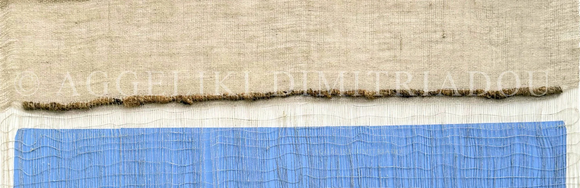 Extreme close-up banner of a Synthesis series artwork by Aggeliki Dimitriadou, showing the intricate texture of natural hemp weaving and a thick, hand-stitched fiber line over a serene light blue acrylic field.