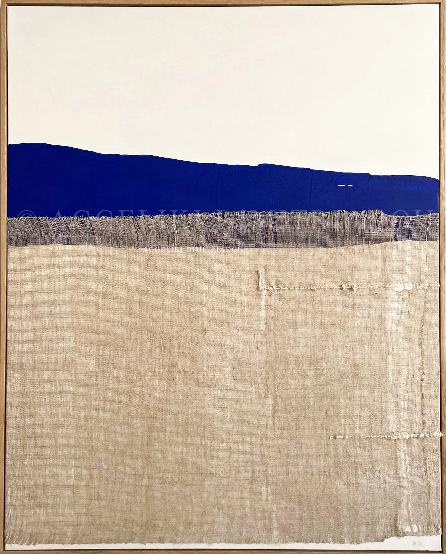 Horizons I (2022) by Aggeliki Dimitriadou. Linen weaving and blue acrylic on canvas (80x100cm). A minimalist landscape-inspired fiber art piece exploring the concept of the horizon.