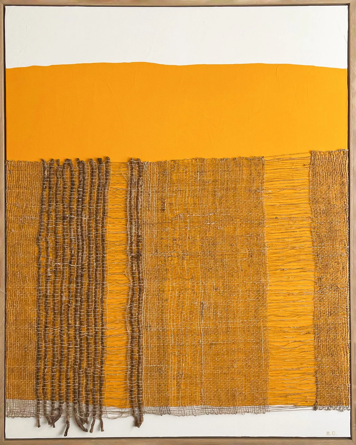 Horizons V (2022) by Aggeliki Dimitriadou. Nettle and silk weaving over a bold yellow acrylic background (80x100cm). This mixed media piece explores vertical textures and the interplay between raw stinging nettle fibers and refined silk.
