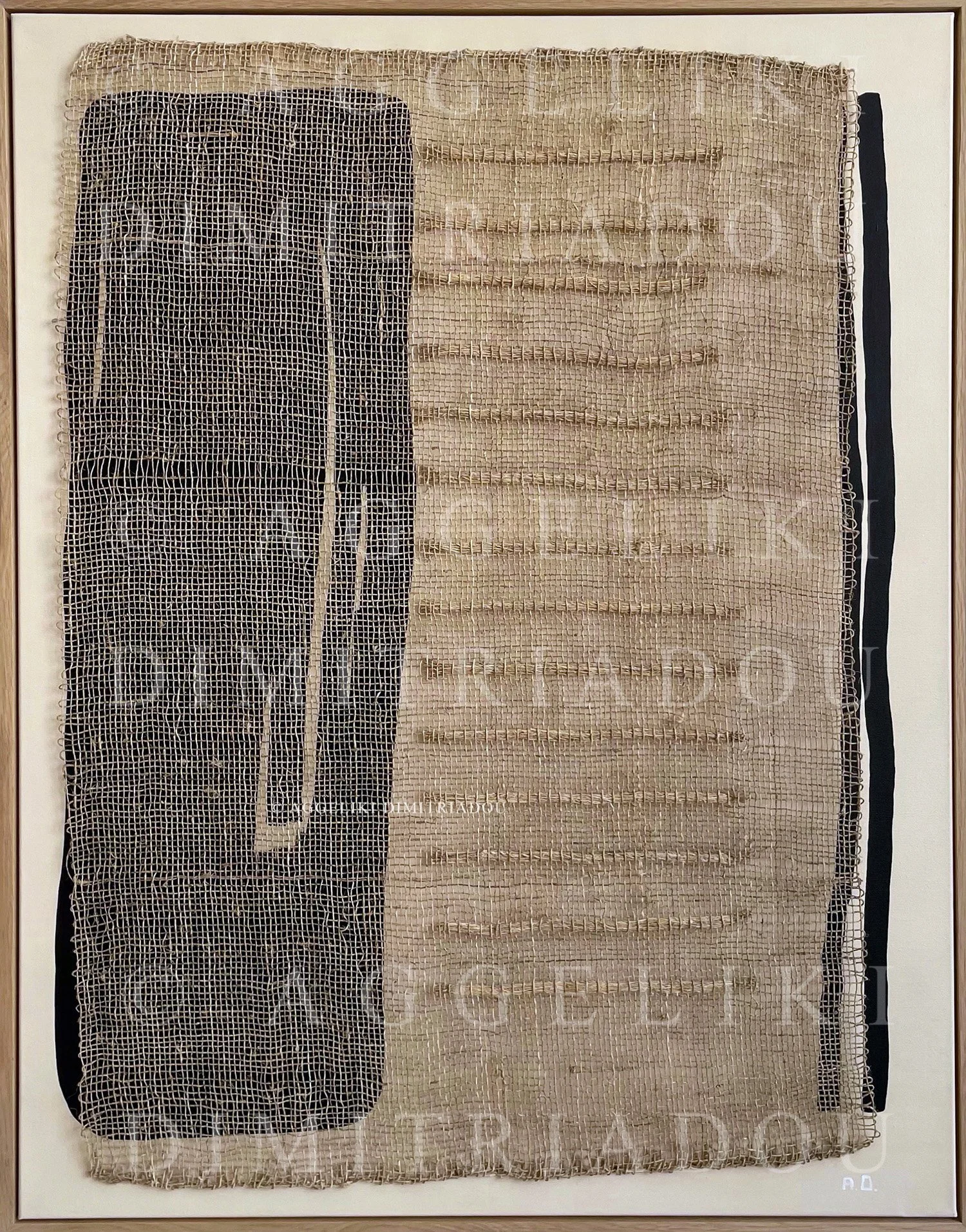 Layers VI (2022) by Aggeliki Dimitriadou. Natural hemp weaving over black and neutral acrylic color fields (73x93cm). A contemporary fiber art piece exploring shadow, structure, and tactile contrast.