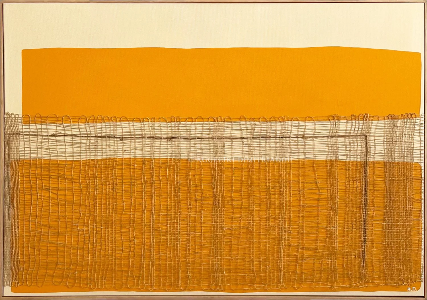 Thira Series 3, No. 3 by Aggeliki Dimitriadou. Fiber art on canvas, 70x100cm. The vertical opening in the weaving highlights the materiality of the hemp yarn.