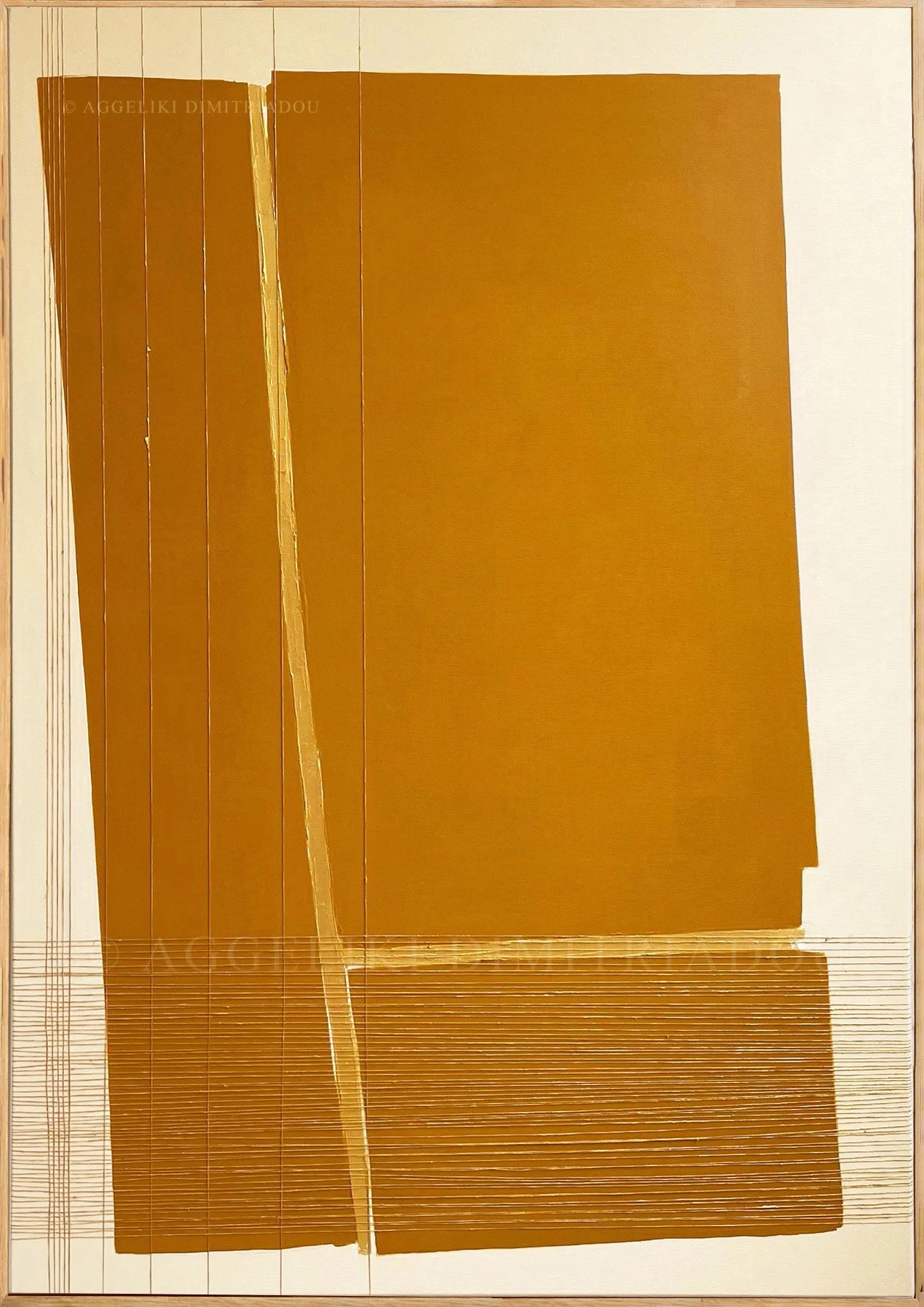 Mixed media painting "Dialogues IV" (2023) by Aggeliki Dimitriadou. Features a horizontal band of gold acrylic paint intersected by vertical natural linen yarns, set against a background of warm beige and deep brown tones on a 70x100 cm canvas.