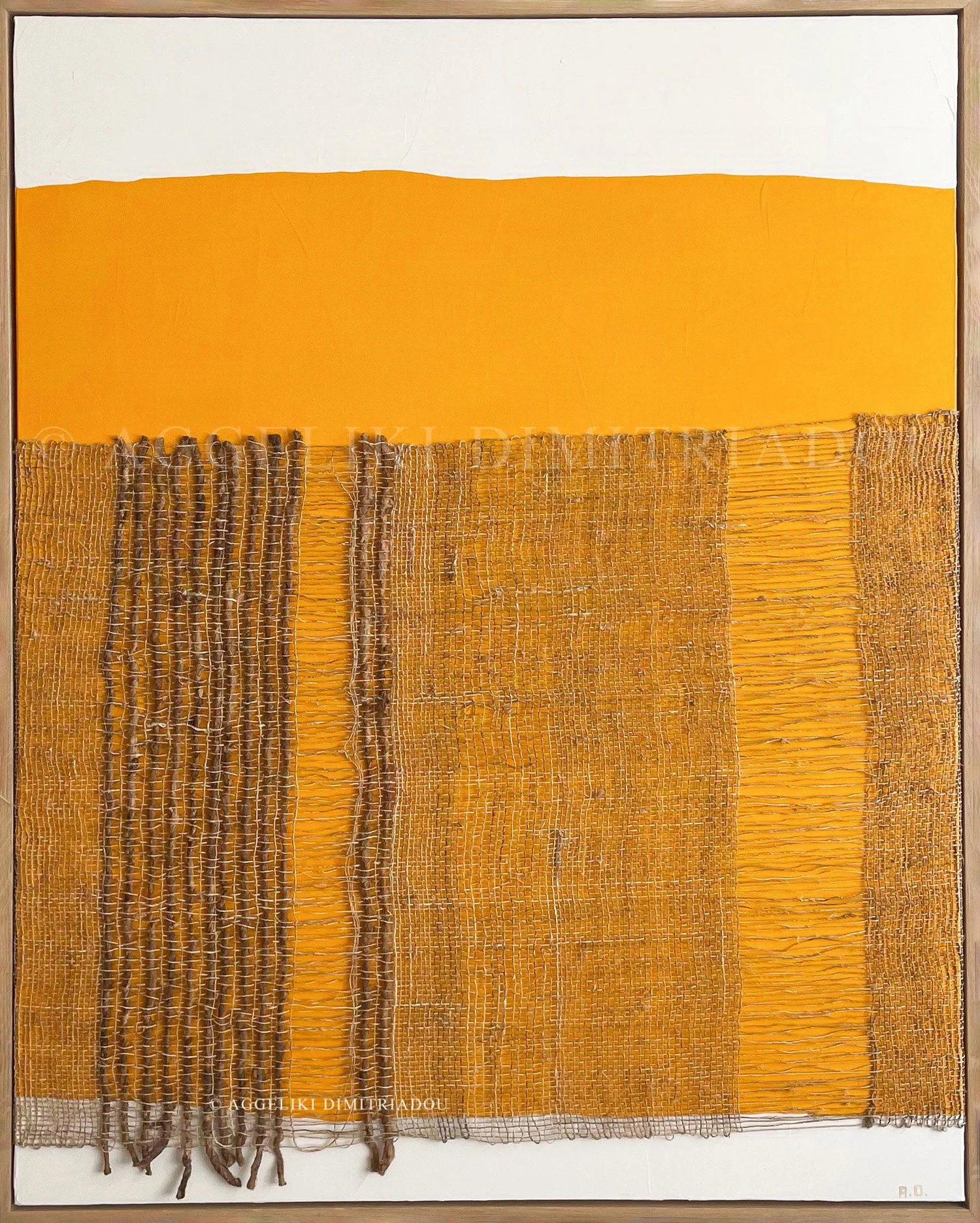 Horizons V (2022) by Aggeliki Dimitriadou. Nettle and silk weaving over a bold yellow acrylic background (80x100cm). This mixed media piece explores vertical textures and the interplay between raw stinging nettle fibers and refined silk.