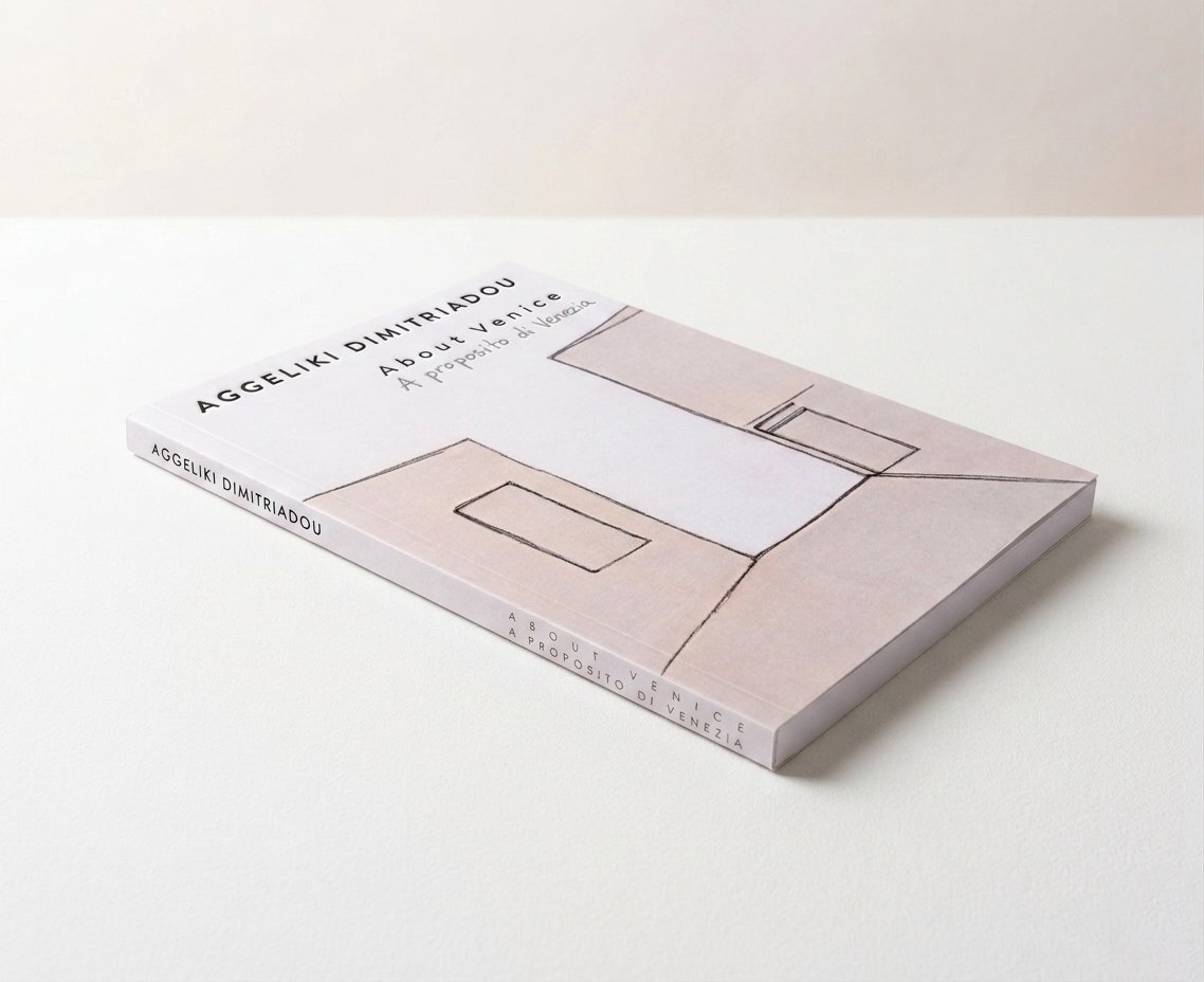 Aggeliki Dimitriadou Artist Book, 'About Venice - A proposito di Venezia'. A minimal art book featuring sketches and abstract paintings from the Venice Collection, displayed on a clean white surface.