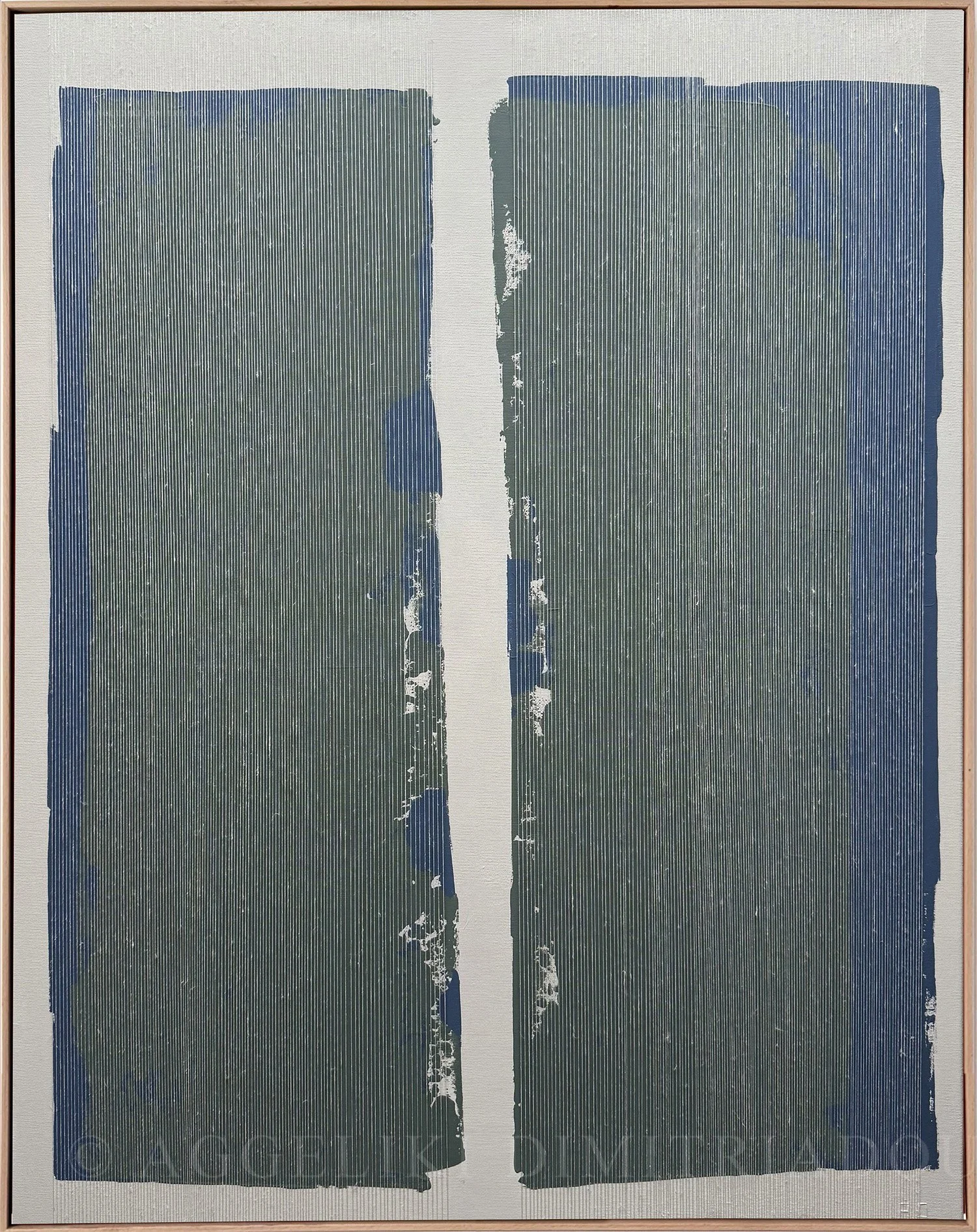 Abstract mixed media artwork "Innocence VIII" by Aggeliki Dimitriadou, featuring vertical white threads over two large rectangular fields of deep green and blue acrylic on canvas.