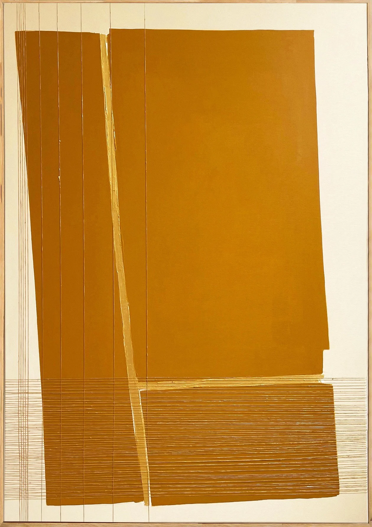 Mixed media painting "Dialogues IV" (2023) by Aggeliki Dimitriadou. Features a horizontal band of gold acrylic paint intersected by vertical natural linen yarns, set against a background of warm beige and deep brown tones on a 70x100 cm canvas.
