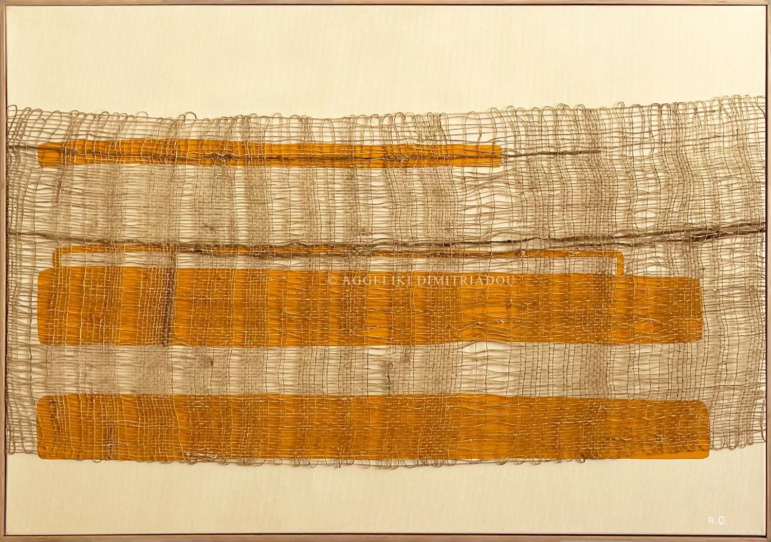 Thira Series 3, No. 2 by Aggeliki Dimitriadou. Hand-woven hemp and silk on canvas. A minimalist composition created for Nobu Santorini with a structural vertical slit.