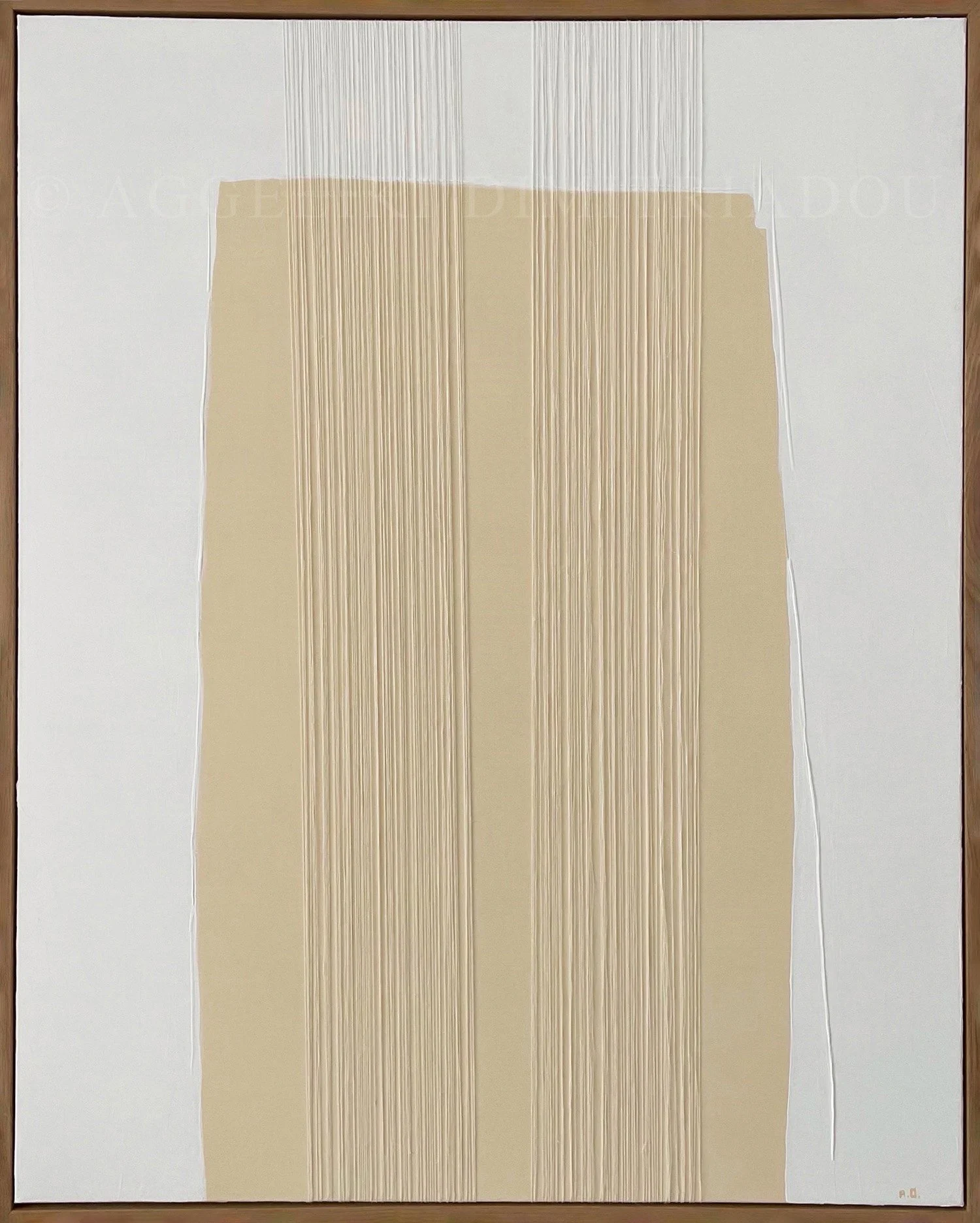 Contemporary mixed media artwork "Innocence II" by Aggeliki Dimitriadou. Features a central beige rectangular field on a white background, with vertical off-white linen threads layered over the paint.