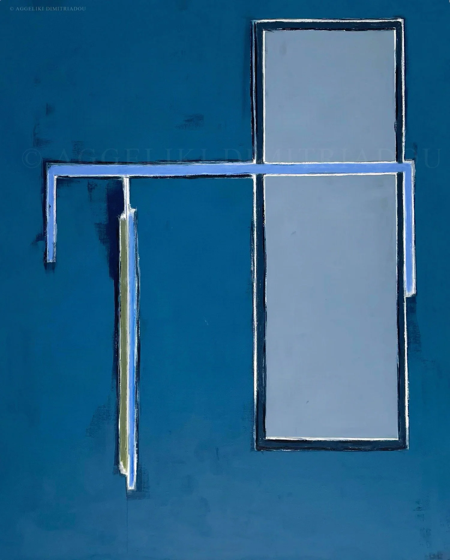 Expressionist abstract painting titled 'A Walk on Sunday Night' by Aggeliki Dimitriadou, showing dark figures silhouetted against a deep blue and teal night landscape.