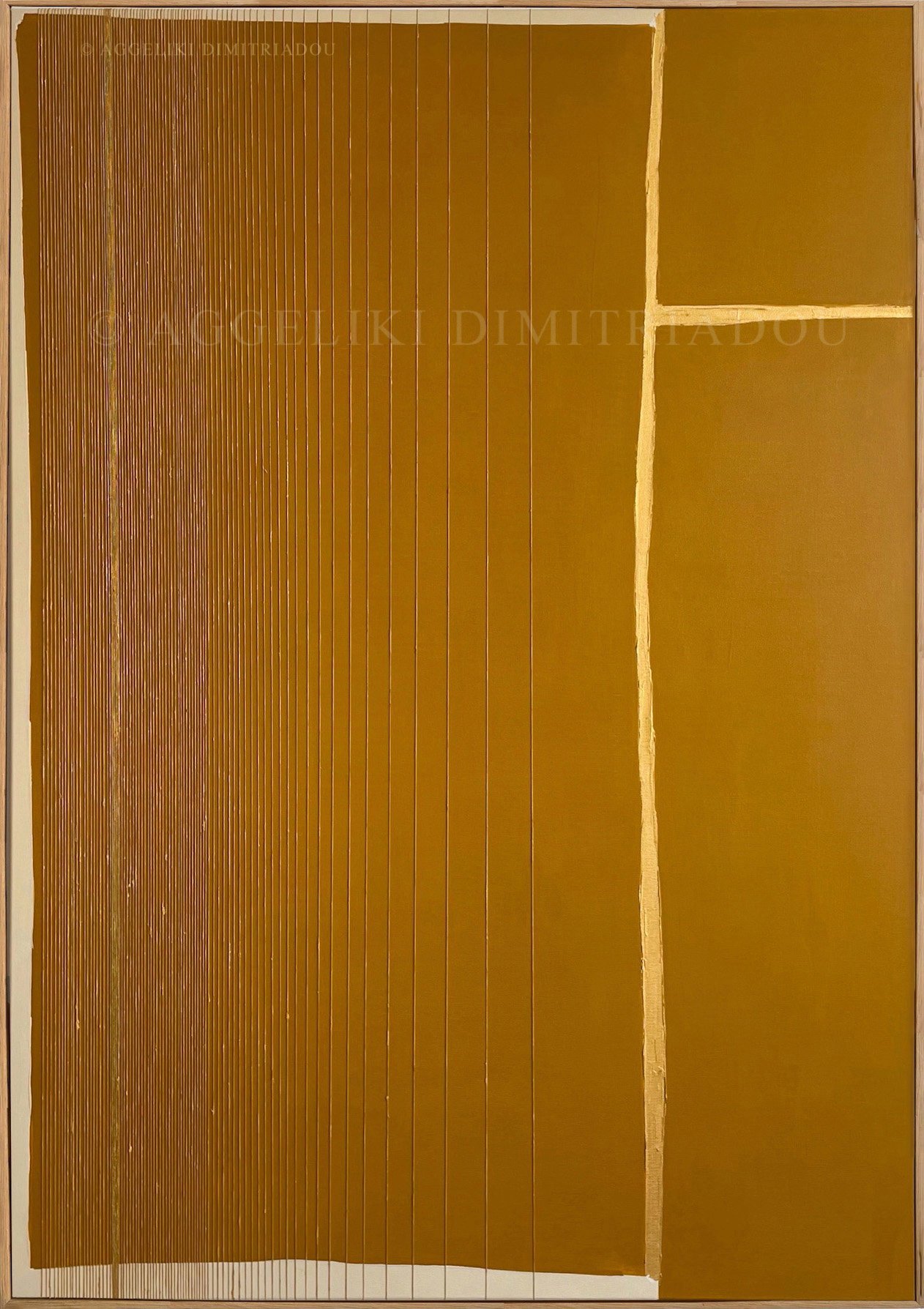 Minimalist mixed media artwork "Dialogues I" by Aggeliki Dimitriadou. A vertical composition featuring shimmering gold acrylic paint and natural linen yarn over a background of earthy beige and brown tones on a 70x100 cm canvas.