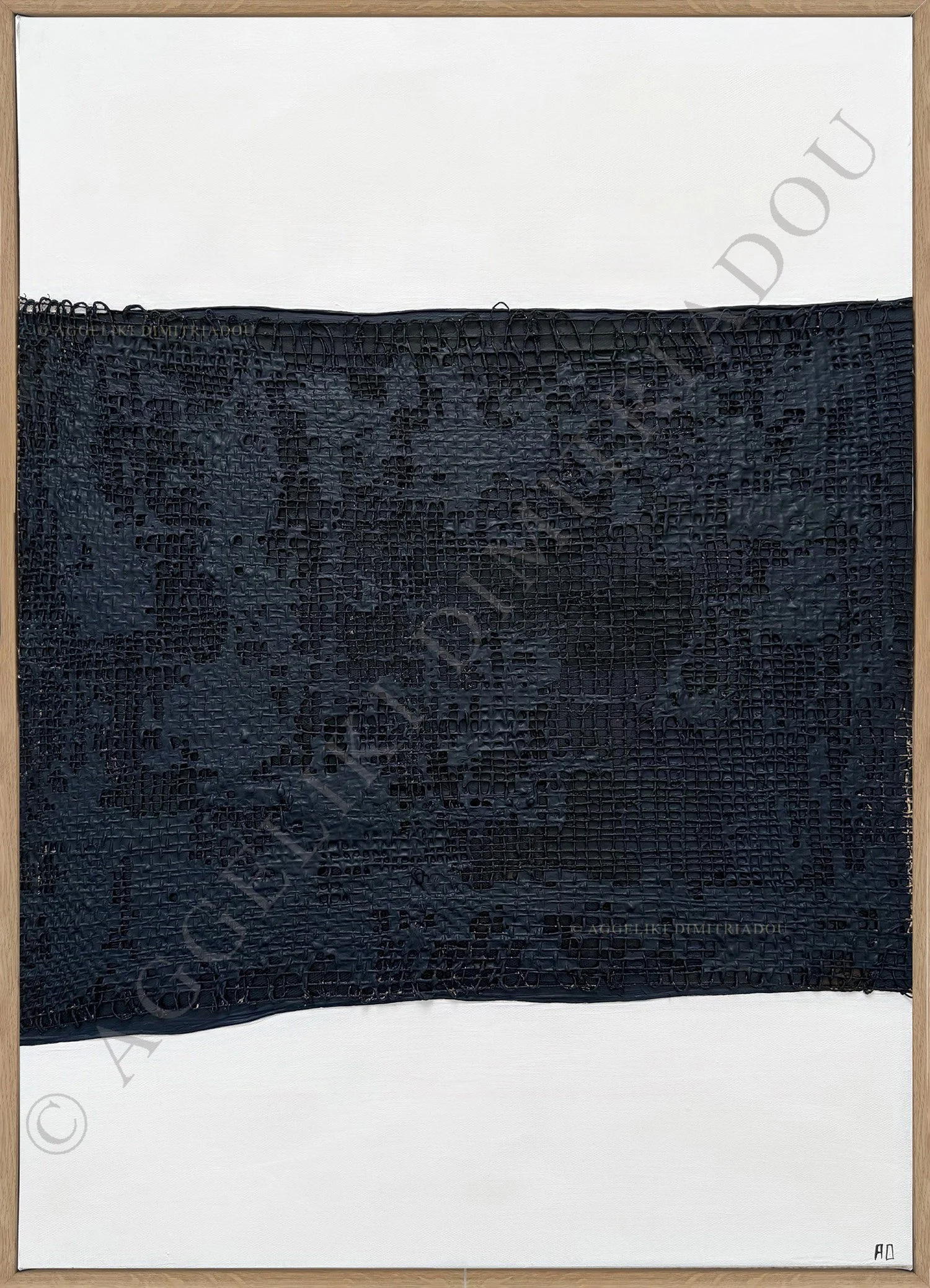 Abstract mixed media artwork "Looking for the exit II" from the Synthesis series by Aggeliki Dimitriadou, featuring a vertical natural hemp weaving strip between two deep navy blue acrylic sections on a white canvas.