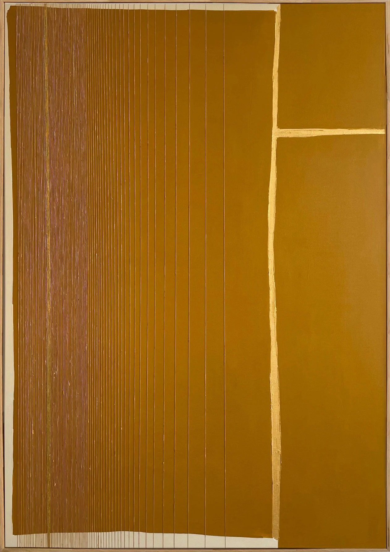 Minimalist mixed media artwork "Dialogues I" by Aggeliki Dimitriadou. A vertical composition featuring shimmering gold acrylic paint and natural linen yarn over a background of earthy beige and brown tones on a 70x100 cm canvas.