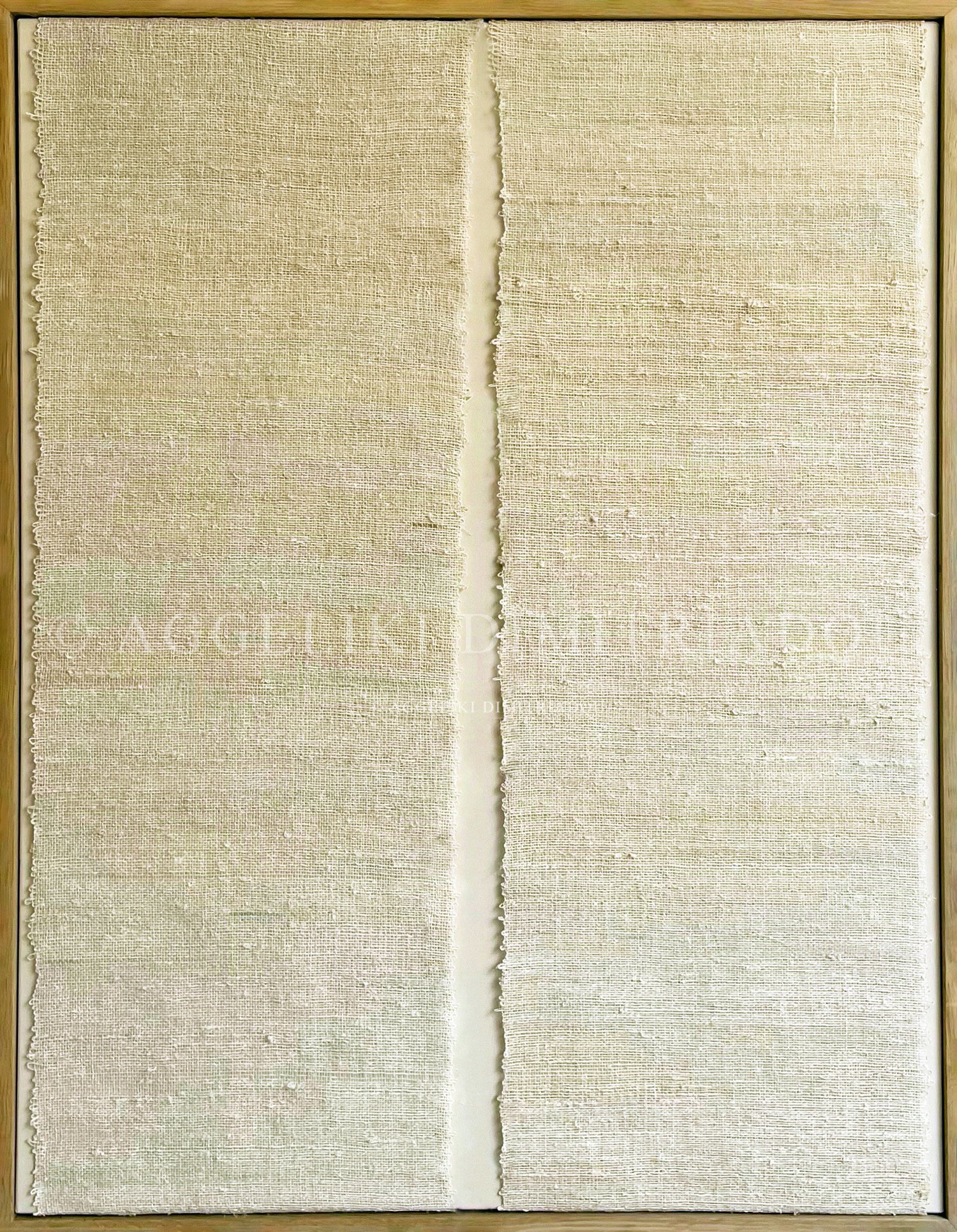 Gap X by Aggeliki Dimitriadou. Hand-woven hemp fiber on canvas. A minimalist work featuring a vertical slit that reveals a neutral-toned background, highlighting the raw materiality of the hemp.