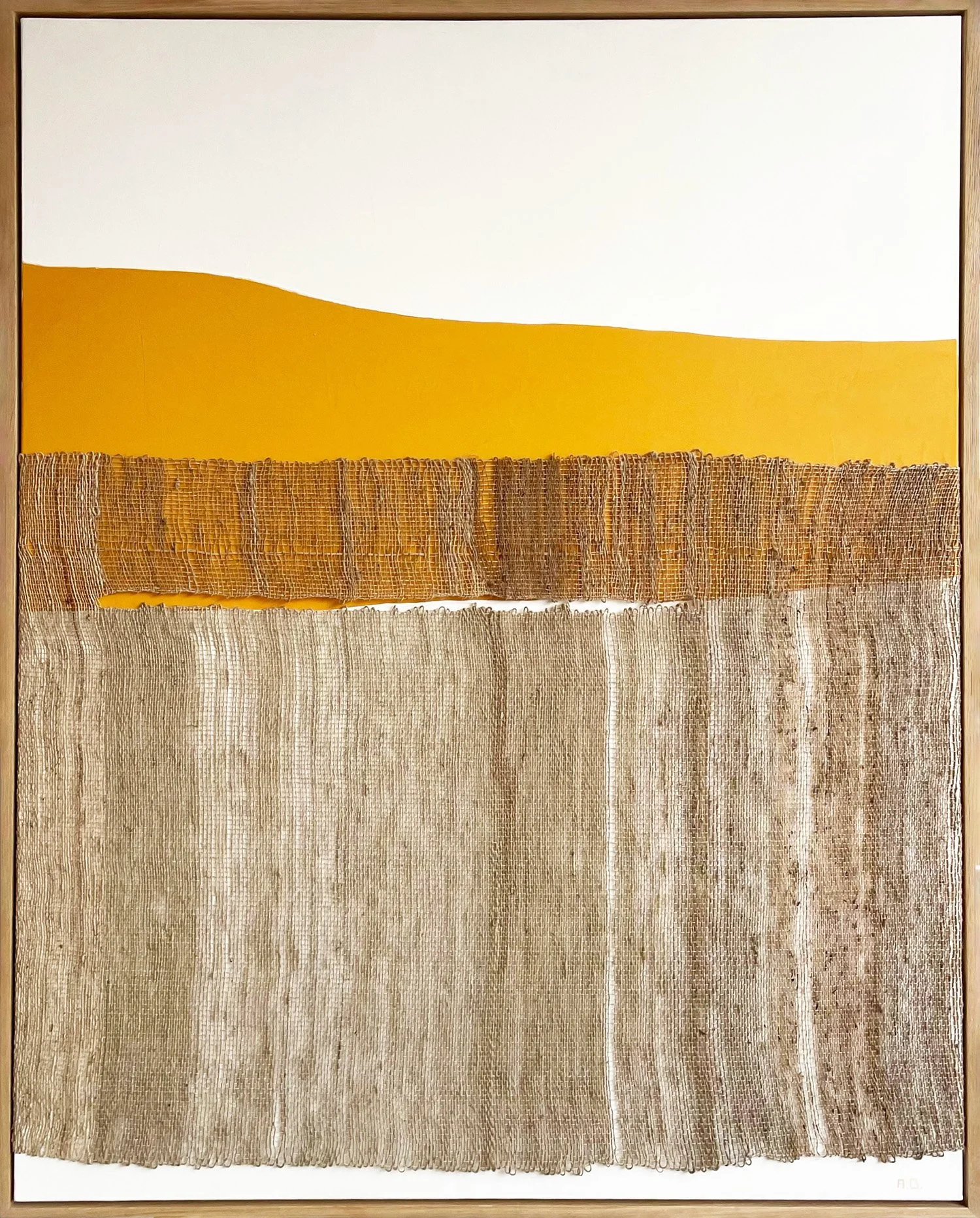 Horizons III (2022) by Aggeliki Dimitriadou. Nettle weaving and yellow acrylic on canvas (80x100cm). Minimalist fiber art exploring the horizon through organic stinging nettle textures and bold color fields.