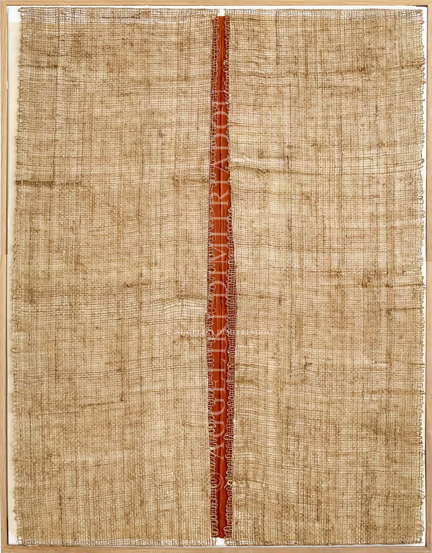 Gap IX by Aggeliki Dimitriadou. Hand-woven hemp fiber on canvas with an orange-terracotta acrylic background. A vertical opening exposes the vibrant underlayer, exploring textile materiality.