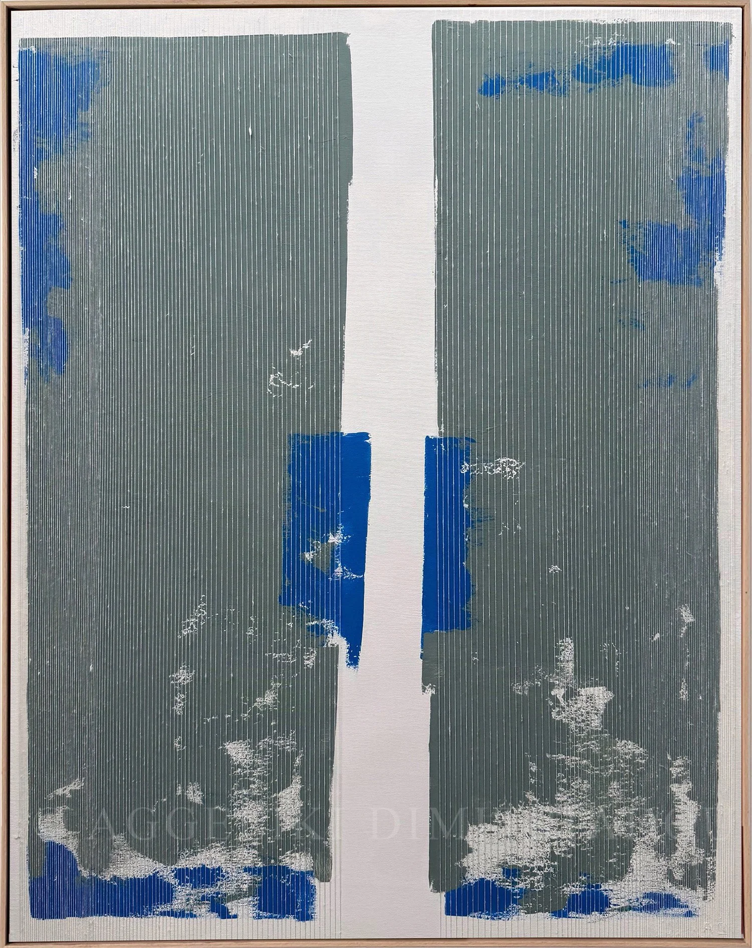 Abstract mixed media painting "Innocence VII" by Aggeliki Dimitriadou, featuring vertical white threads over a deep green and vibrant blue acrylic background with distressed textures on canvas.