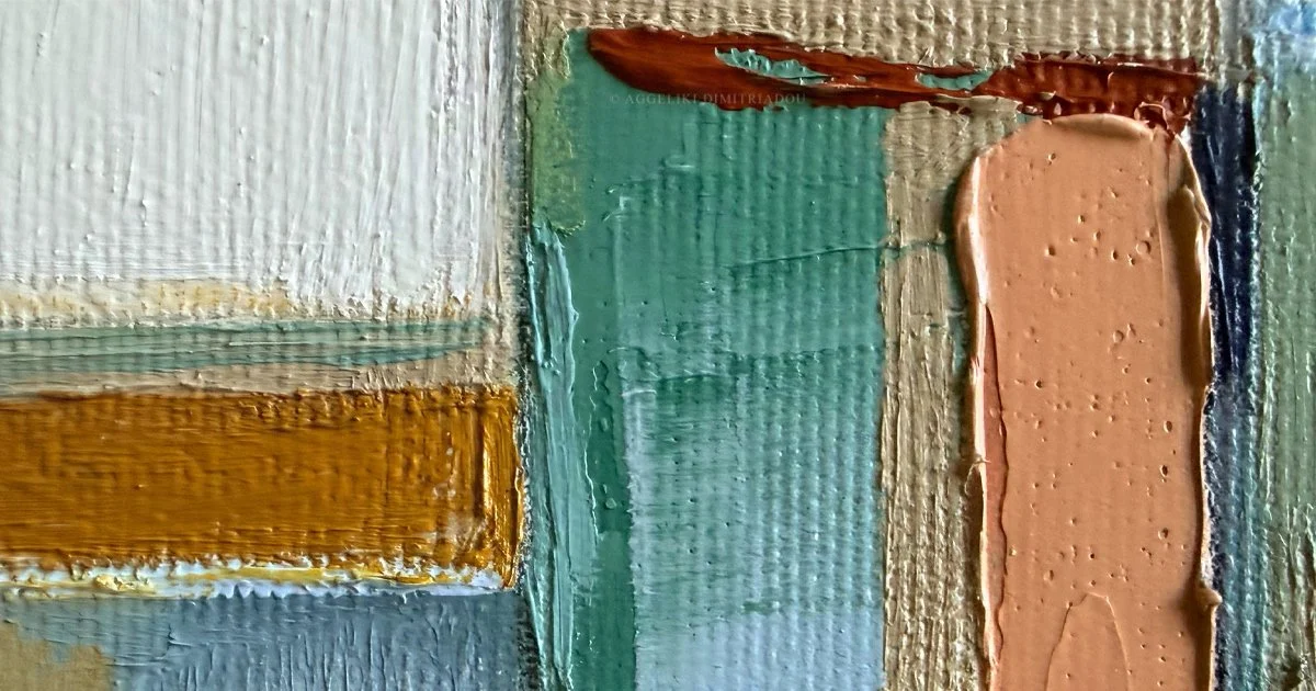 Macro detail of a mixed media painting by Aggeliki Dimitriadou, showing rich impasto textures and visible brushstrokes in a palette of teal, ochre, terracotta, and off-white on canvas.