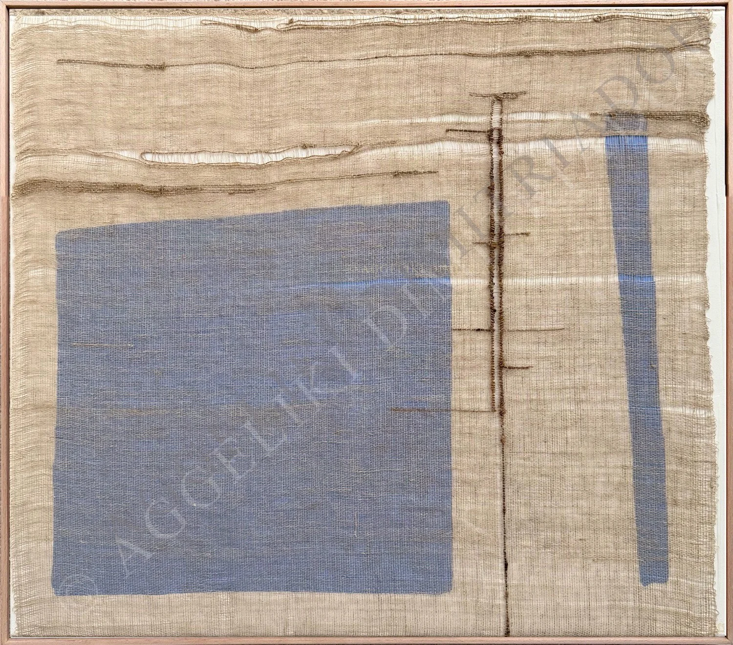 Abstract mixed media artwork "Synthesis V" by Aggeliki Dimitriadou, featuring a large natural linen and wild silk weaving with integrated blue acrylic geometric shapes.