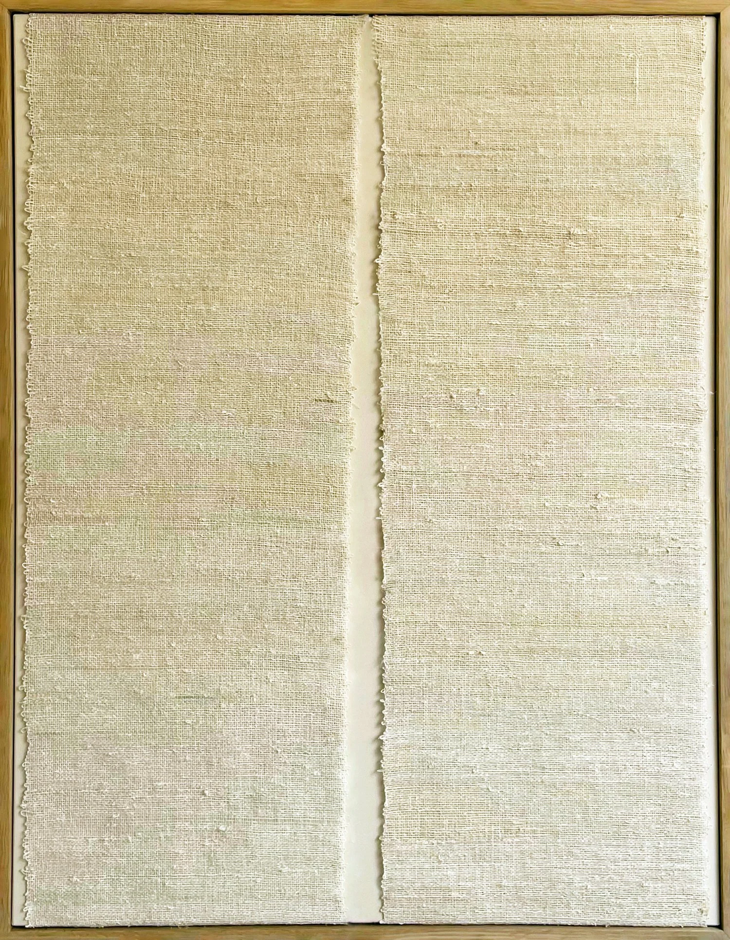 Gap X by Aggeliki Dimitriadou. Hand-woven hemp fiber on canvas. A minimalist work featuring a vertical slit that reveals a neutral-toned background, highlighting the raw materiality of the hemp.