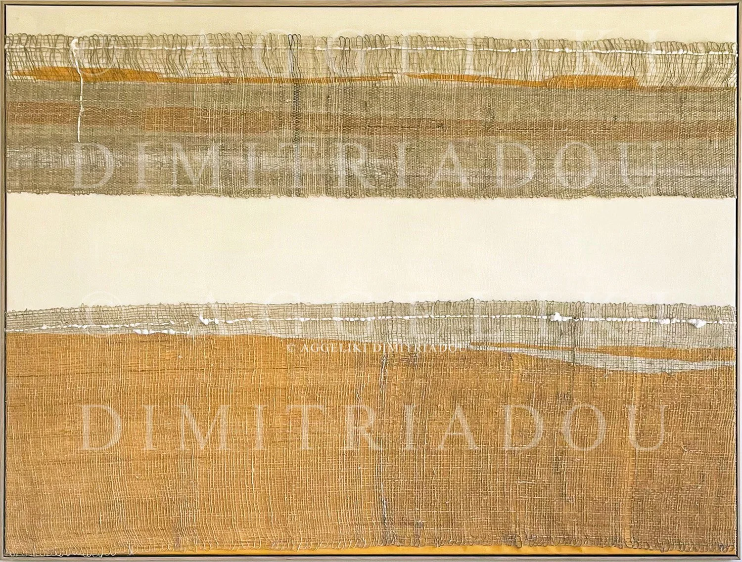 Layers V (2022) by Aggeliki Dimitriadou. Hemp weaving and acrylics on canvas (120x90cm). A large-scale minimalist composition exploring horizontal texture and organic boundaries.