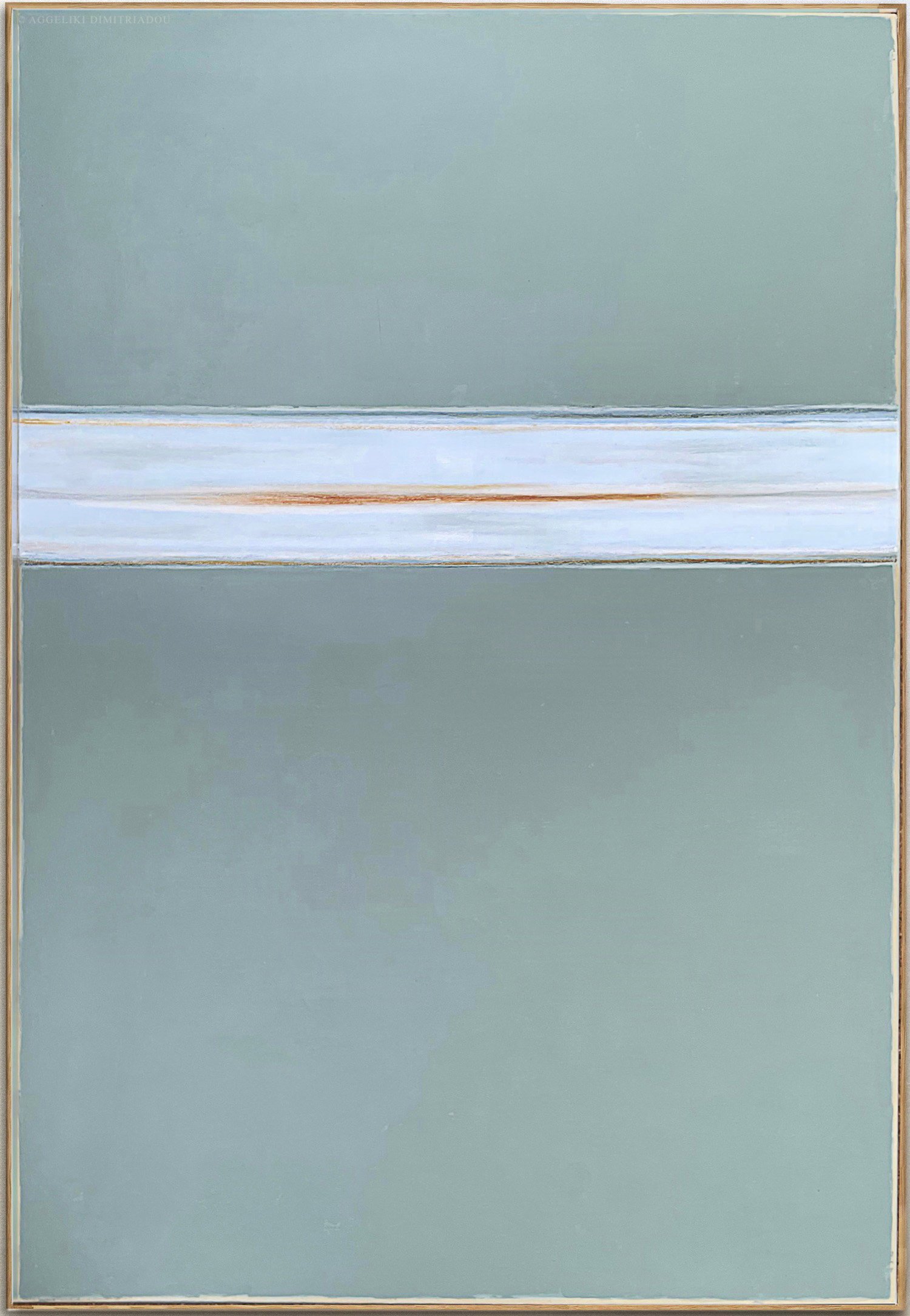 Minimalist abstract painting from the 'Traces' series by Aggeliki Dimitriadou. Mixed media with acrylics and oil pastels on canvas, featuring a textured composition with linear elements and muted tones.