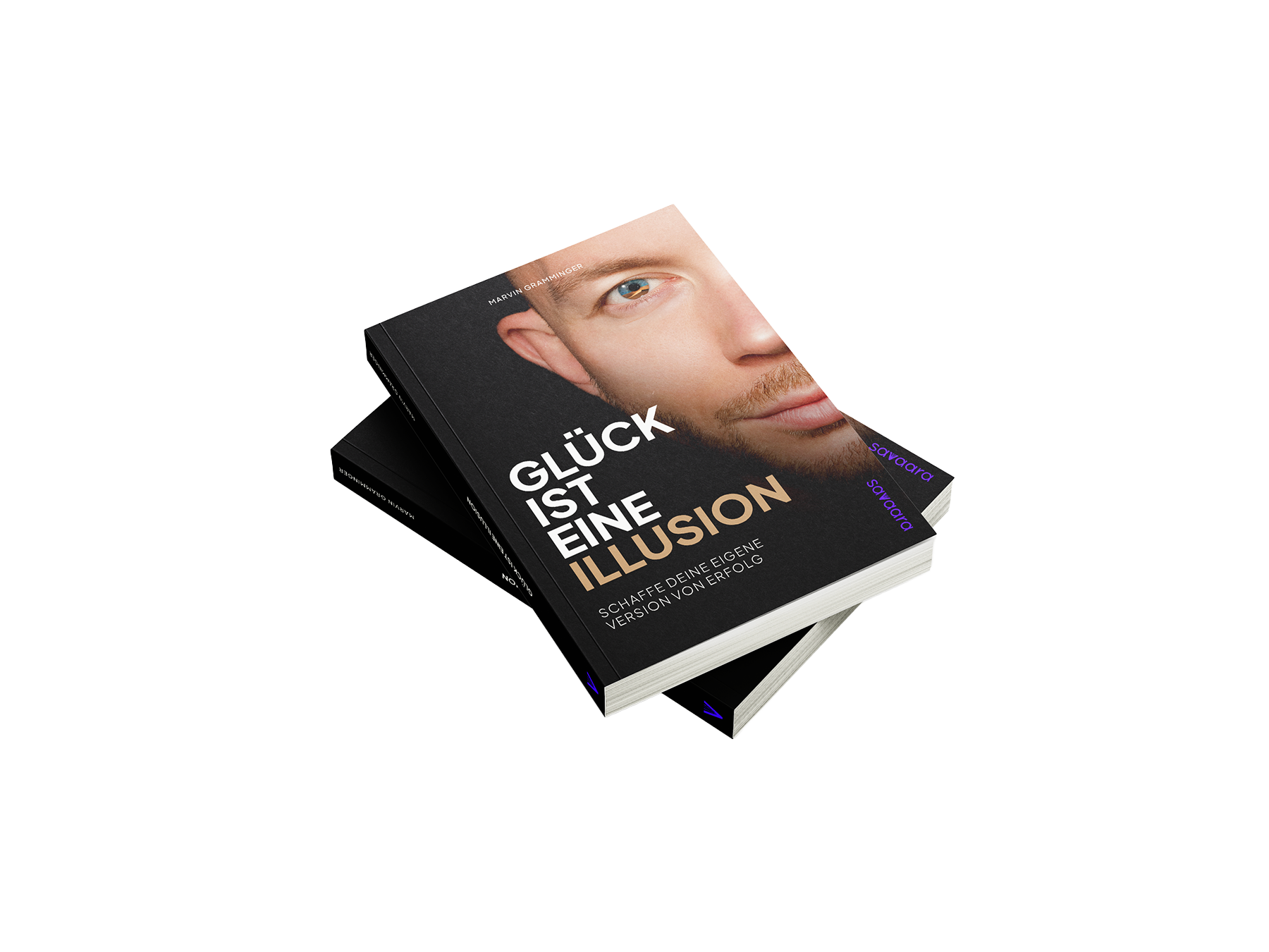 A stack of two books with the top book showing a close-up of a man's face on the cover. The title of the book is in German and reads 'Glück ist eine Illusion'.