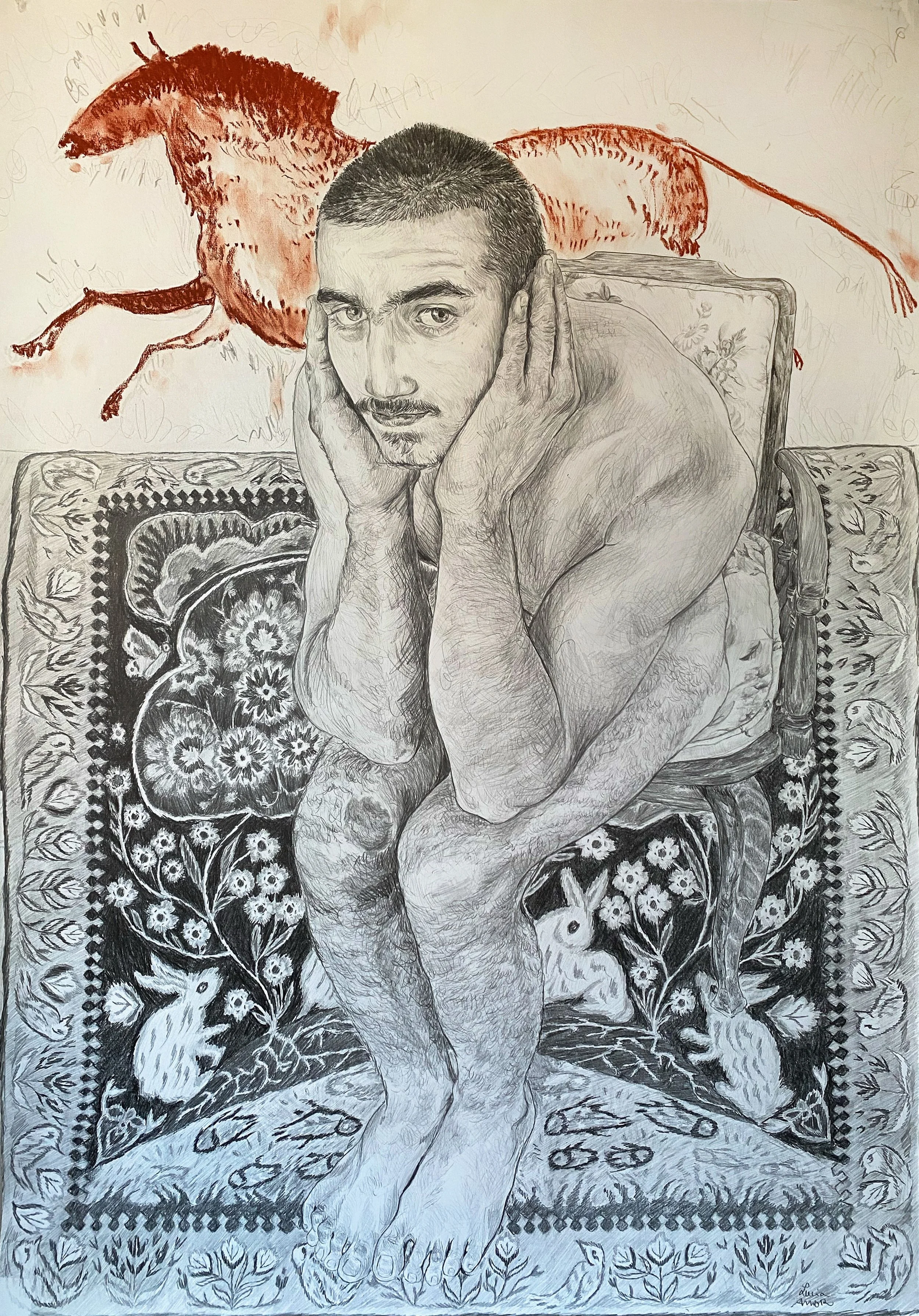 MARIO CON ALFOMBRA

Lápiz y conté sobre papel 100 x 70, 2024

A partir de este dibujo: el lápiz se transformó en piedra , 
y el papel en cueva.