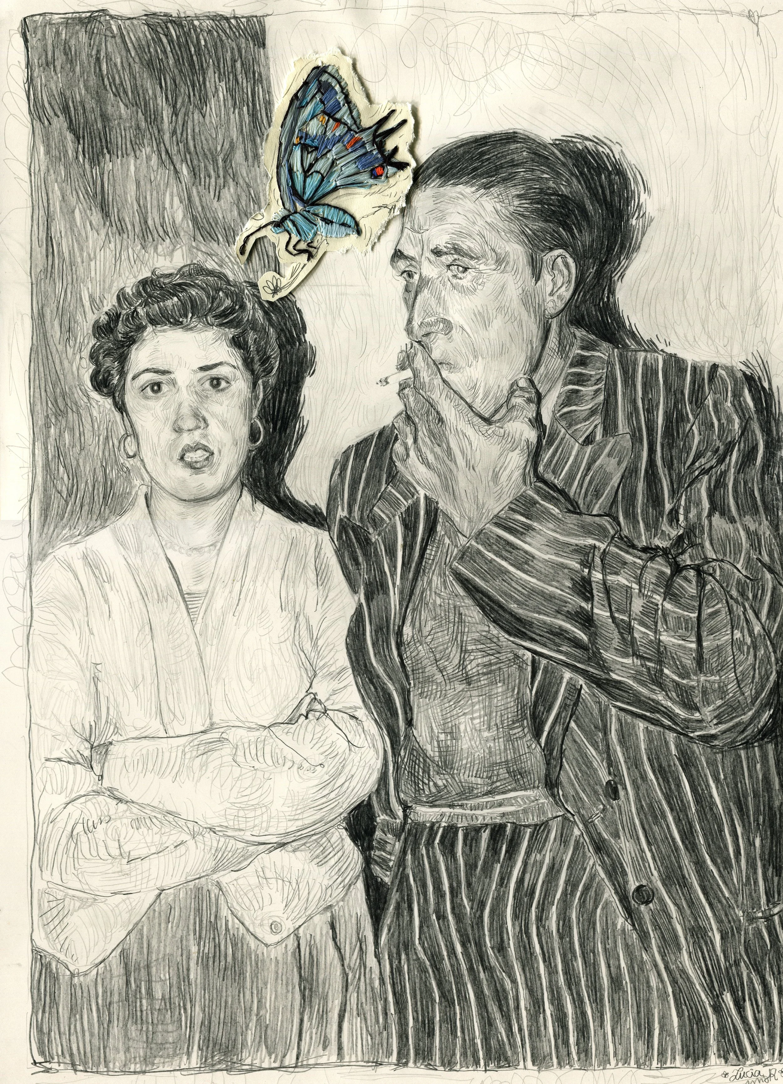 MI ABUELA LOLI Y SU HERMANO MANOLO

Lápiz y mariposa bordada sobre papel 40 x 28 cm. 2024