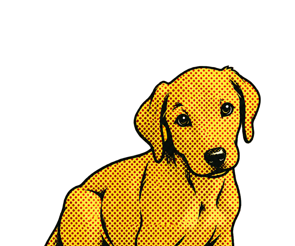 Digital pop art illustration of a yellow Labrador retriever puppy with floppy ears and dark eyes.