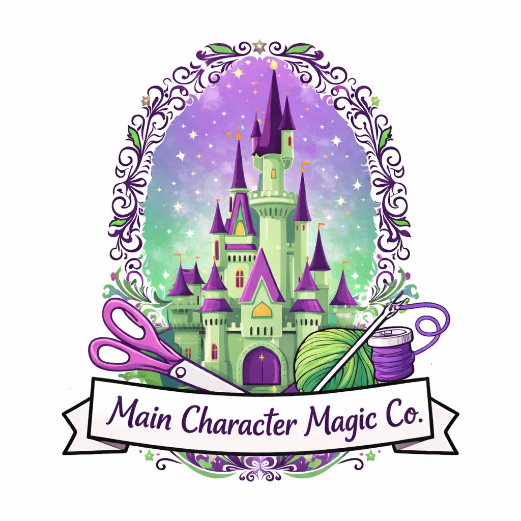 A colorful illustration of a castle with purple spires, set against a starry sky. Surrounding the castle is an ornate frame with green and purple accents. In front, there are arts and crafts supplies, including a pair of scissors, a skein of purple yarn, a ball of green yarn, and a knitting needle. A banner at the bottom reads 'Main Character Magic Co.'