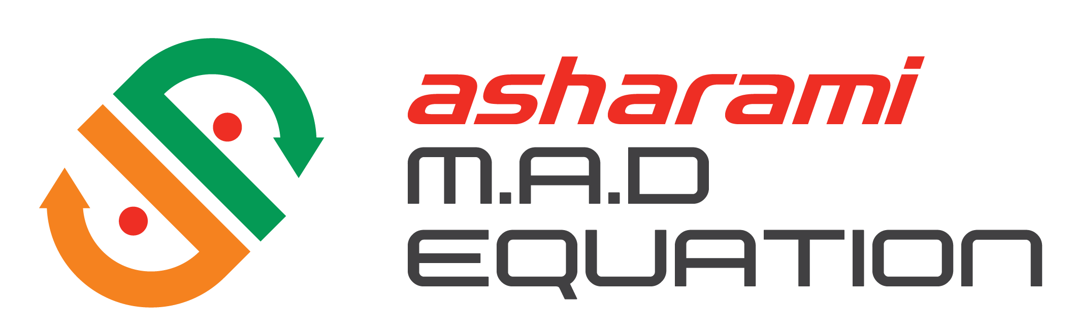 Asharami M.A.D Equation logo featuring an abstract circular icon made of interconnected green and orange curved segments with red accent dots, symbolizing innovation, collaboration, and problem-solving, alongside the text 'Asharami M.A.D Equation.