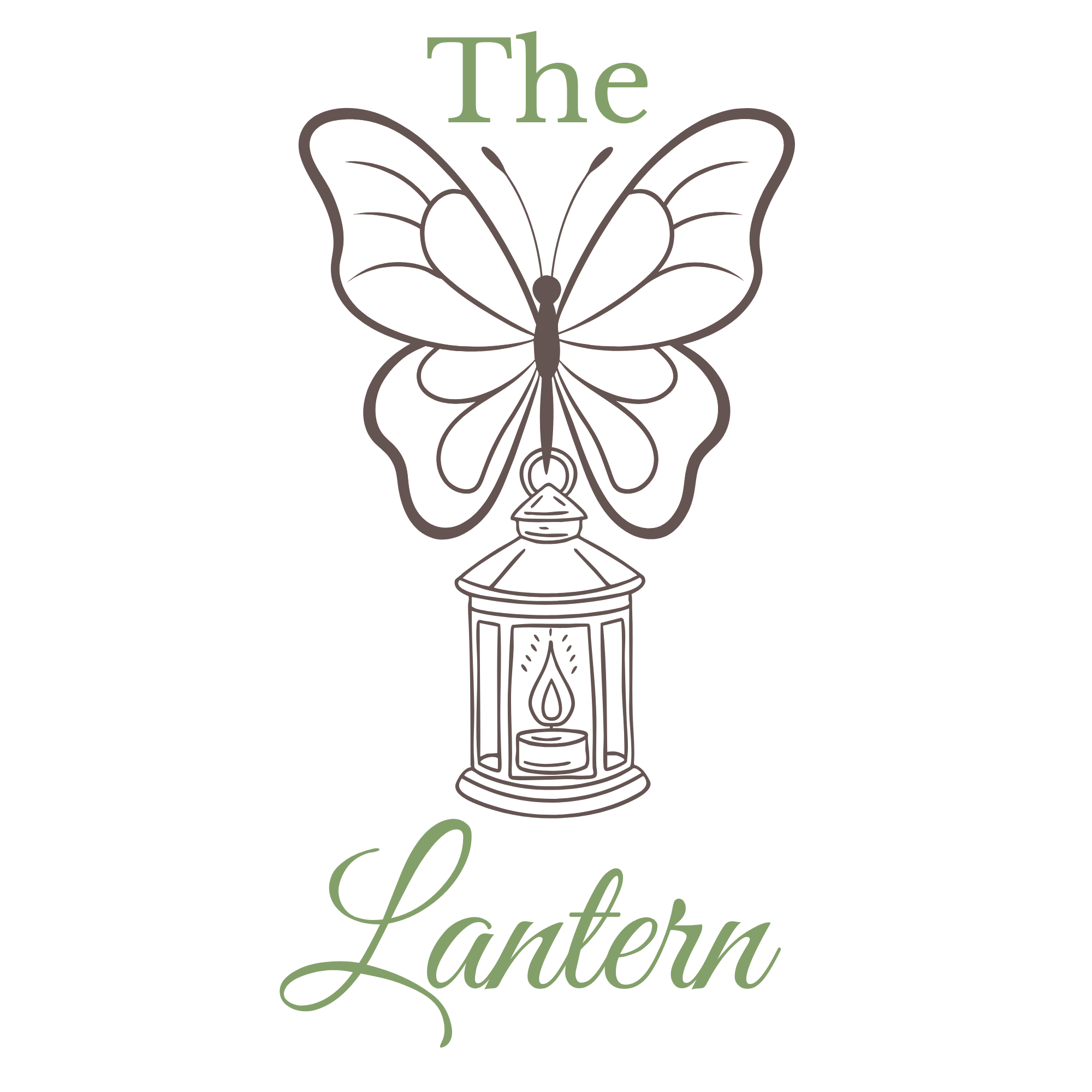 Decorative logo with a butterfly resting on a lantern, with the text 'The Lantern' in green and black script.
