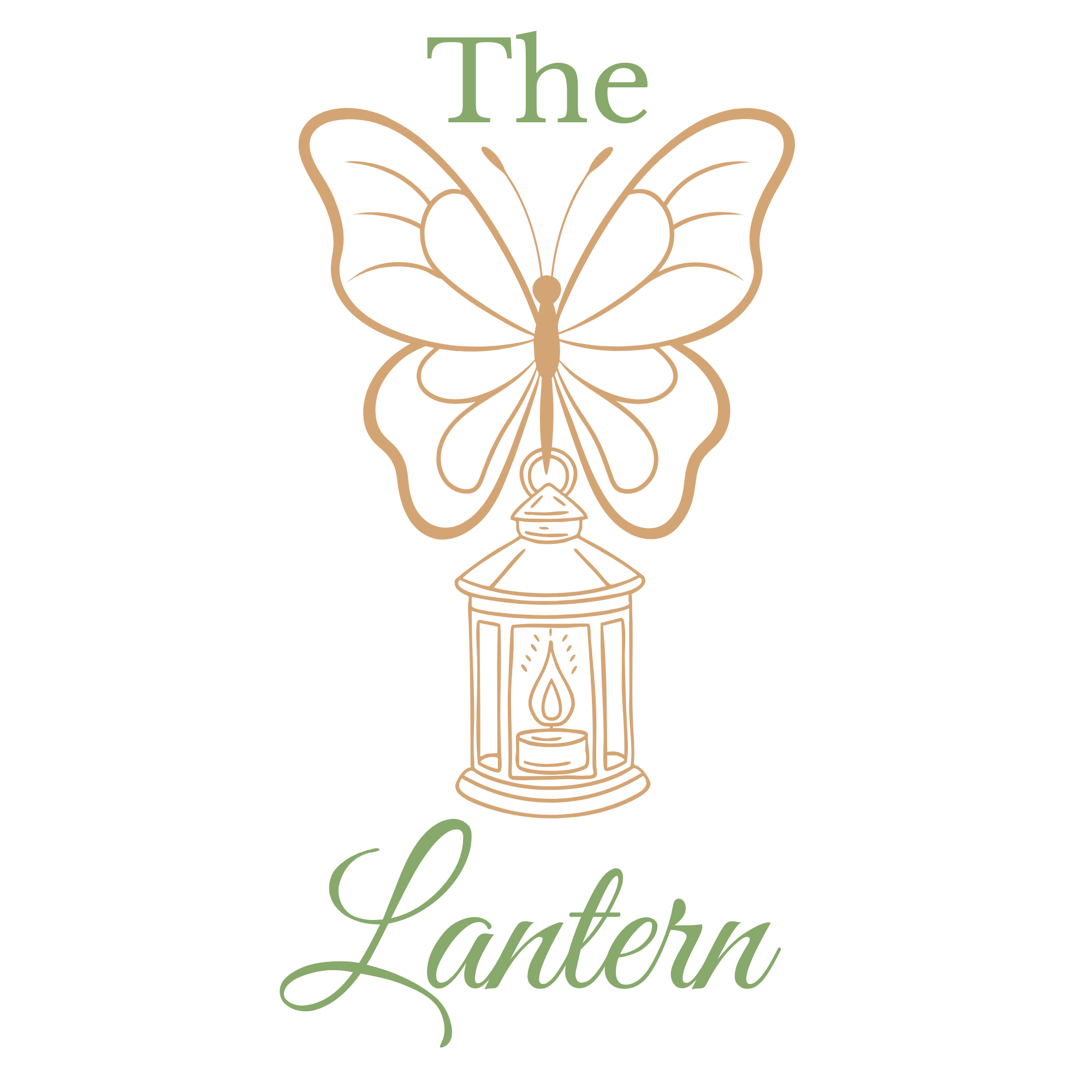 Decorative logo with a butterfly, light green and beige colors, and a lantern at the bottom, featuring the text, 'The Lantern'.