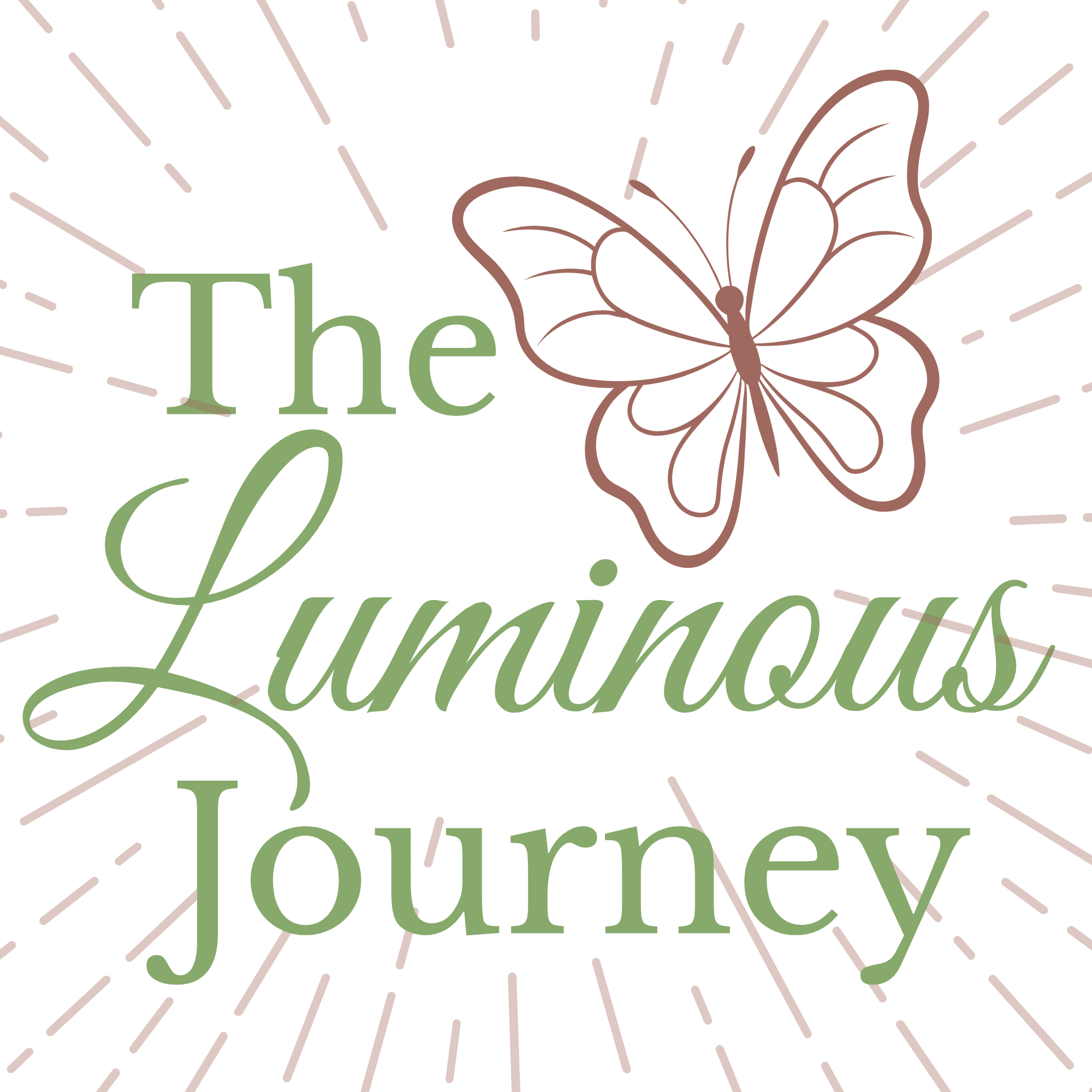 Close-up of 'The Luminous Journey' logo with a white butterfly, pink radial lines, and the partially visible words 'The Luminous Journey' in green and black text.