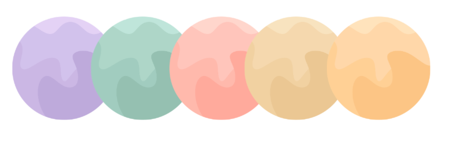 Five pastel-colored balls in purple, green, pink, beige, and peach, aligned in a row.